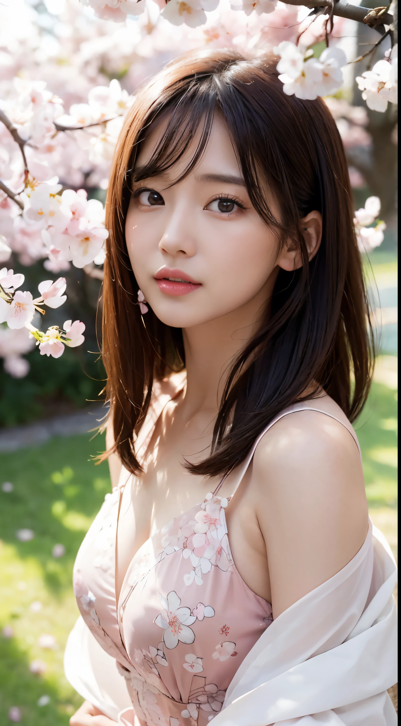 (a sign、Masterpiece、8k、on the table、original photo、excellent、best quality、フォトリアリスティックでVery detailedな CG 統合 8k 壁紙、high quality、Very detailed、epic、particle effects、dynamic effect、depth of field、movie lighting、lens flare、Ray tracing)、fantasy、 (1 beautiful woman、Dores、skirt、Sakura pattern、A black-haired one、pretty face、serious、Beautiful details eyes beautiful skin)、髪がWindで踊る、Hair flutters in Wind、hair jumping、pink sakura tree、petals flying、櫻花暴Wind雪、beautiful scenery、morning light、sun in background、Wind、