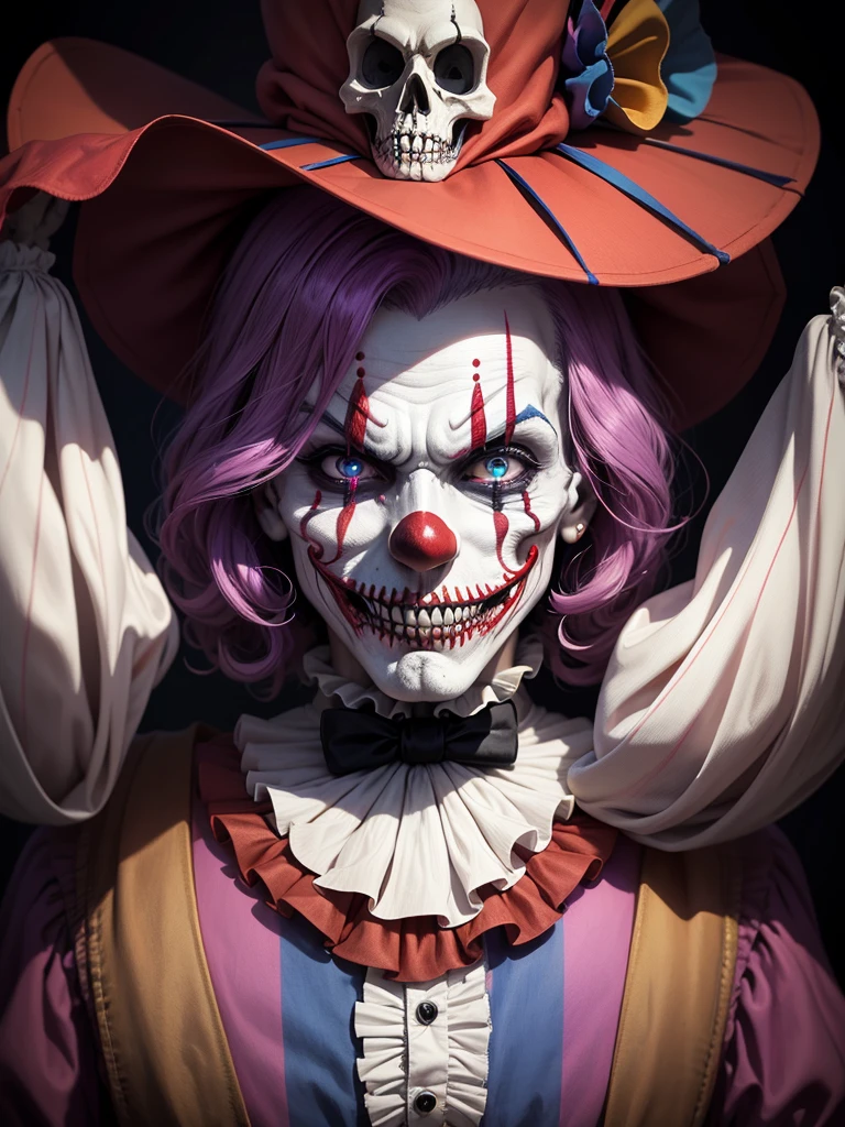 Clown mask donning a top hat and bow tie, an intriguing portrait of a skull clown adorned with colorful paint and a fancy hat, the vibrant world of cutecore clowncore bursting with life and whimsy, Joker's ominous grinning skull face, a chilling skull clown encircled by the enchanting atmosphere of a circus, terrifyingly realistic scary clowns that haunt our nightmares, an exquisite portrait death clown with a twisted expression, the mesmerizing clown face, a highly detailed 4k digital art masterpiece of a skull clown, the upside-down world of clown world