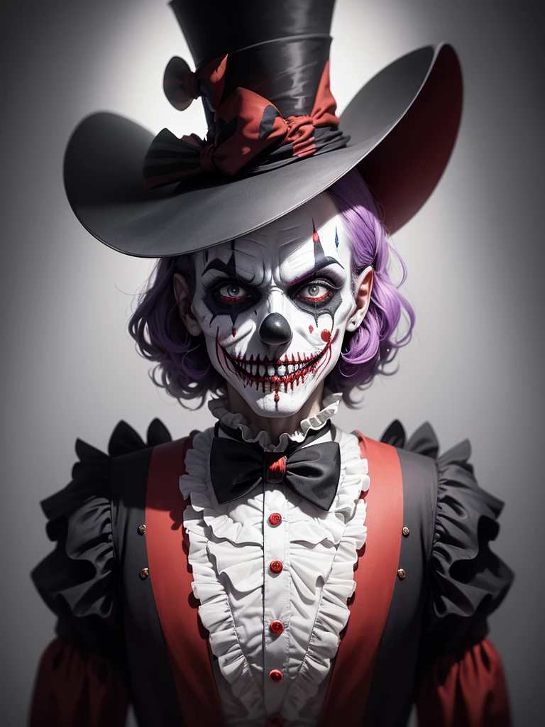 Clown mask donning a top hat and bow tie, an intriguing portrait of a skull clown adorned with colorful paint and a fancy hat, the vibrant world of cutecore clowncore bursting with life and whimsy, Joker's ominous grinning skull face, a chilling skull clown encircled by the enchanting atmosphere of a circus, terrifyingly realistic scary clowns that haunt our nightmares, an exquisite portrait death clown with a twisted expression, the mesmerizing clown face, a highly detailed 4k digital art masterpiece of a skull clown, the upside-down world of clown world