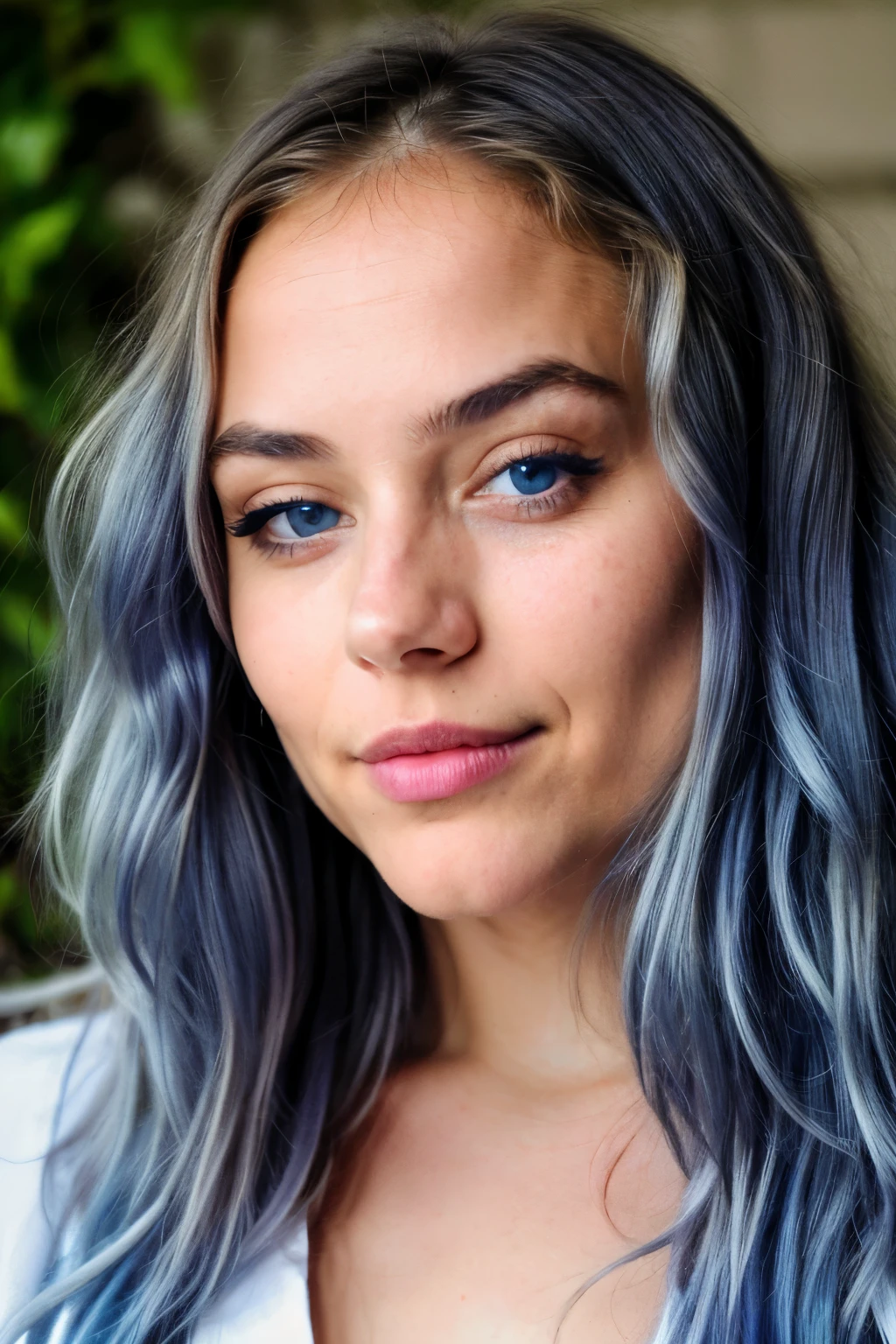 Beautiful young girl, Close-up face portrait, straight into the camera, front view, face only, (blue hair), (19, Innocent face), ((Natural long wavy hair)), ((blue eyes)), perfect skin, cute face, wrinkle-free, picture in RAW-Format, (best quality), (masterpiece), detailed, (beautiful Latina), Long wavy hair, Erstellen Sie ein atemberaubendes diffuses Bild. Instagram-Influencer, Influencer, happy