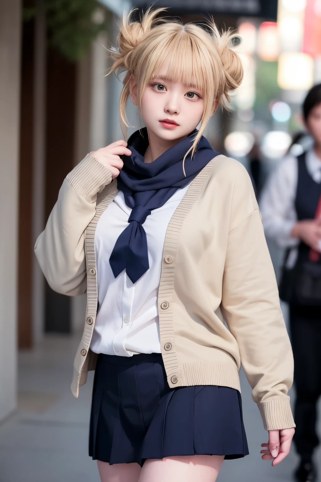 (blonde、himiko toga、white uniform shirt、navy blue uniform skirt、cardigan、red scarf、dark eyeshadow、Patsun、twin tails、Bun head、thin eyebrows、black socks、black loafers))、NSFW、masterpiece、最high quality、high quality、grow、beautiful feces、High resolution、very high resolution、RAW photo、Best Illustration、hyper realistic、1 girl、realistic、super detailed、Photoreal、incredibly absurd、Close-up、floating hair、soft light、movie theater lighting、film grain、full body esbian、Depth of the bounds written、blurred background、Bokeh:1.4、focus of the eye、85mm lens、professionally lit、Lens flare、luminescent particles:0.6、professional writing、Portrait:0.6、photon mapping、radio city、Physically based rendering、japanese girl、sexual excitement:1.5、lifelike face、realistic body、real looking skin、huge breasts:1.3、good style、camel toe、pale skin:1.1、cute:1.5