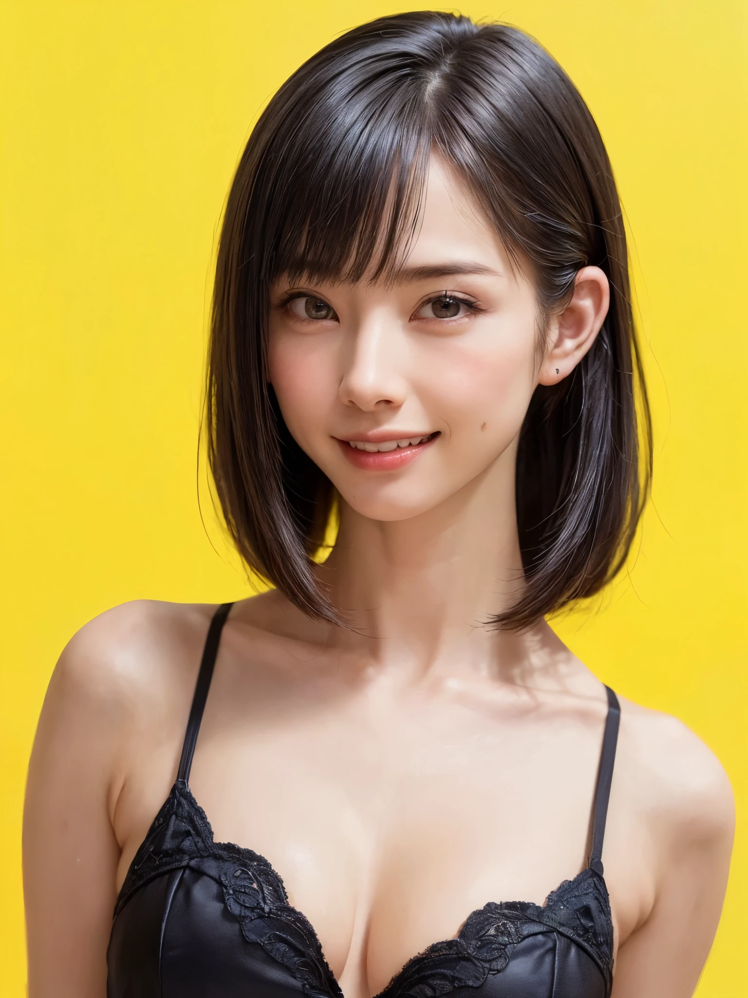 (table top, highest quality、ultra high resolution、face focus focus、focus on the sides、navel focus、decolletage focus、very attractive beauty、Adds intense highlights to the eyes、look closely at the camera:1.4、Absolutely beautiful bangs:1.4、Brunette short bob hair with bangs:1.4),1 girl, Report, black haired, realistic, looking at the viewer, pale black eyes, short hair, lips, lip gloss, Upper body、Big eyes、eyelash)、((italian natural background、hyper real stick:1.4))、((short hair with bangs:1.4、Beautiful bangs with 46 points:1.4、{Huge|big|Hugeな|mega} chest:2, cleavage:2、Big eyes、Give students very powerful highlights、very bigger chest、look at the audience、very beautiful beauty、show me your ears、beautiful long neck、beautiful decollete、smile、A smilee　beautiful teeth、Open your mouth and smilee))、28 years old、very cute super model、perfect anatomy