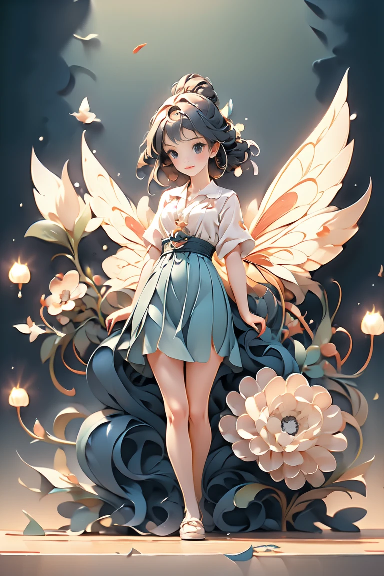 A fairy girl with small wings on her back、Sculpture of a book praying for dagashi at a Japanese dagashi shop after closing。complex and dynamic、Cinematic --chaos 20 --style raw --stylize 350 --v 6.0 --ar 1:1