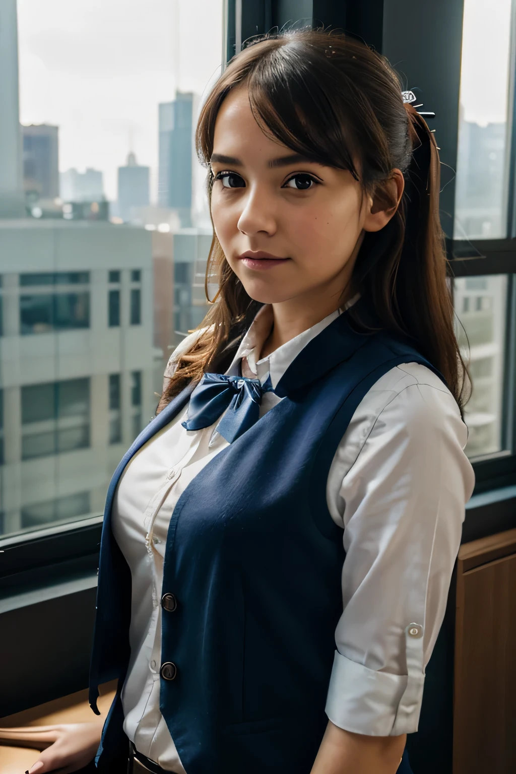 1 girl, aldult, Vest, bow, photo, actual, best quality, employment, Detailed face, office, Buildings outside the window, Detailed background, diffuse sunlight, depth of field, Bokeh