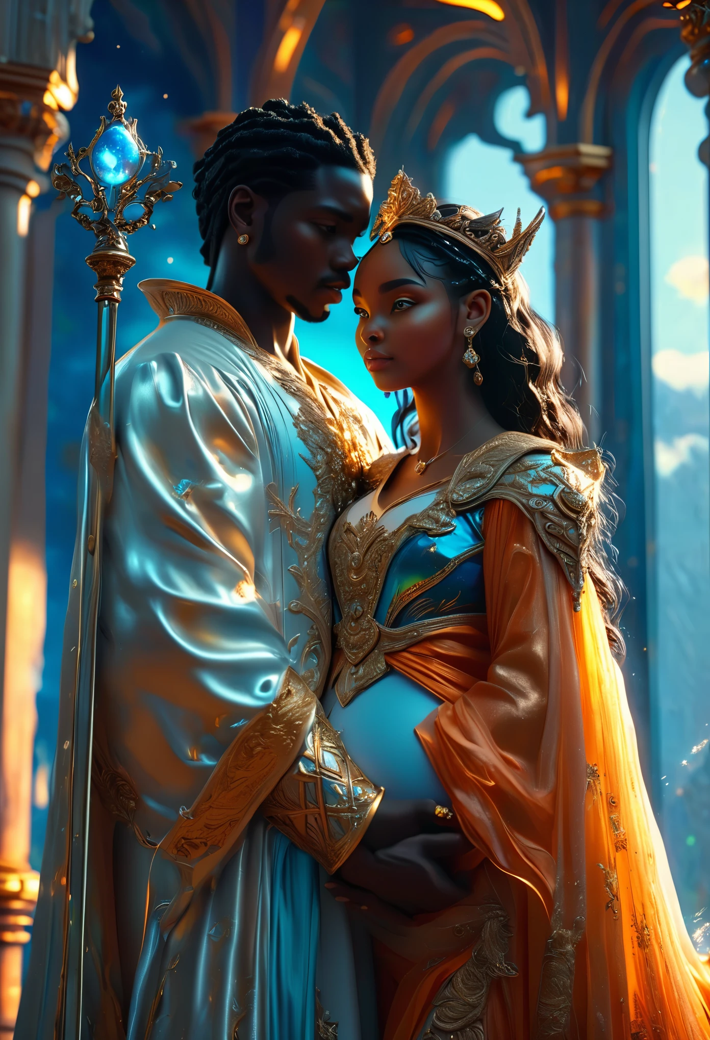 Two passionate (((darkskinned))) couples in a celestial landscape, heavenly palace, two young dark-skinned couples in their 20s, they are in love, the first (((darkskinned))) couple is an imperial duke with gray eyes and a dark-skinned red-haired celestial priestess with green eyes, the second (((darkskinned))) couple is the celestial guardian with dark hair and violet eyes and an imperial judge with short dark hair and green eyes, Full body, 8K, extremely detailed, high quality, (photorealistic:1.37), Full body, ideal proportions and defined complexion, meticulously crafted features, unreachable beauty, perfection, breathtaking elegance, g curves, goddess-like figures, divine symmetry, artistic masterpieces, vivid realism, hyper-detailed sculptures, life-like forms, truly awe-inspiring, impeccable craftsmanship, pure radiance, ethereal beauty, delicate contours, striking poses, sublime beauty, subtle nuances, dynamic compositions, vibrant colors, perfect lighting, soulful expressions, celestial aura, majestic presence, dreamlike atmosphere, unmatched gdetailed octane render trending on artstation, 8 k artistic photography, photorealistic concept art, soft natural volumetric cinematic perfect light, chiaroscuro, award - winning photograph, masterpiece, perfect composition, beautiful detailed intricate insanely