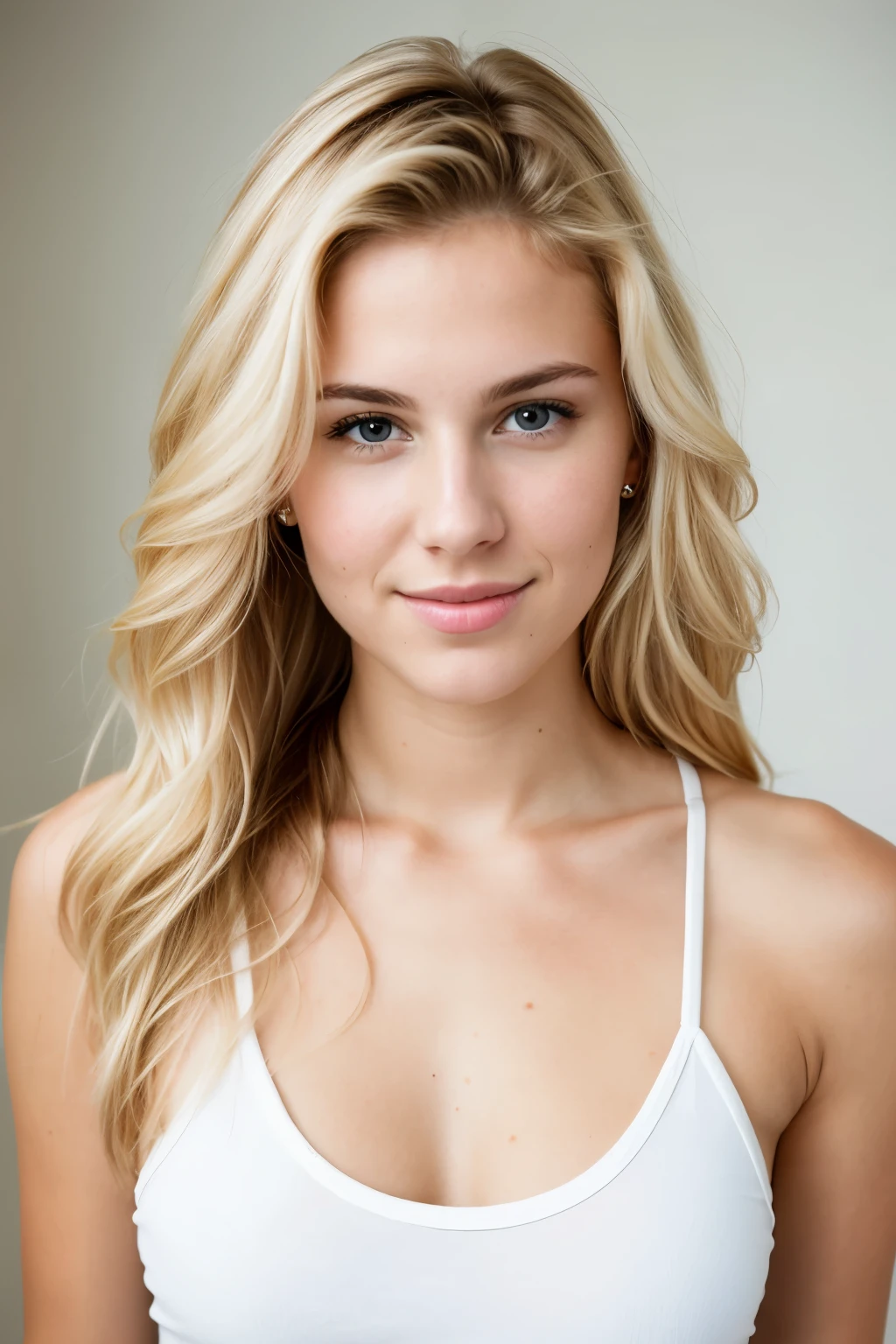 A photorealistic portrait of a 26 year old, she is blond, skiny, fine face,