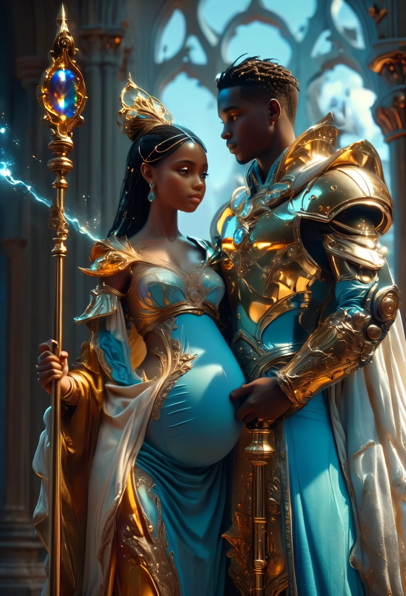 Novel in celestial landscape, a beautiful young darkskin couple with a pregnant young judge with a young male judge, they holding scepter, very fine face, (((very beautiful))), perfect faces, whole body, romantic scene, romantic Way, sexy couple, 8K, extremely detailed, (high quality, realistic, photorealistic: 1.37), Full body, ideal proportions and defined complexion, meticulously crafted features, unreachable beauty, perfection, artistic masterpieces, vivid realism, hyper-detailed sculptures, life-like forms, truly awe-inspiring, impeccable craftsmanship, pure radiance, ethereal beauty, delicate contours, striking poses, sublime beauty, subtle nuances, dynamic compositions, vibrant colors, perfect lighting, soulful expressions, celestial aura, majestic presence, dreamlike atmosphere, unmatched detailed octane render trending on artstation, 8 k artistic photography, photorealistic concept art, soft natural volumetric cinematic perfect light, chiaroscuro, award - winning photograph, masterpiece, oil on canvas, beautiful detailed intricate insanely