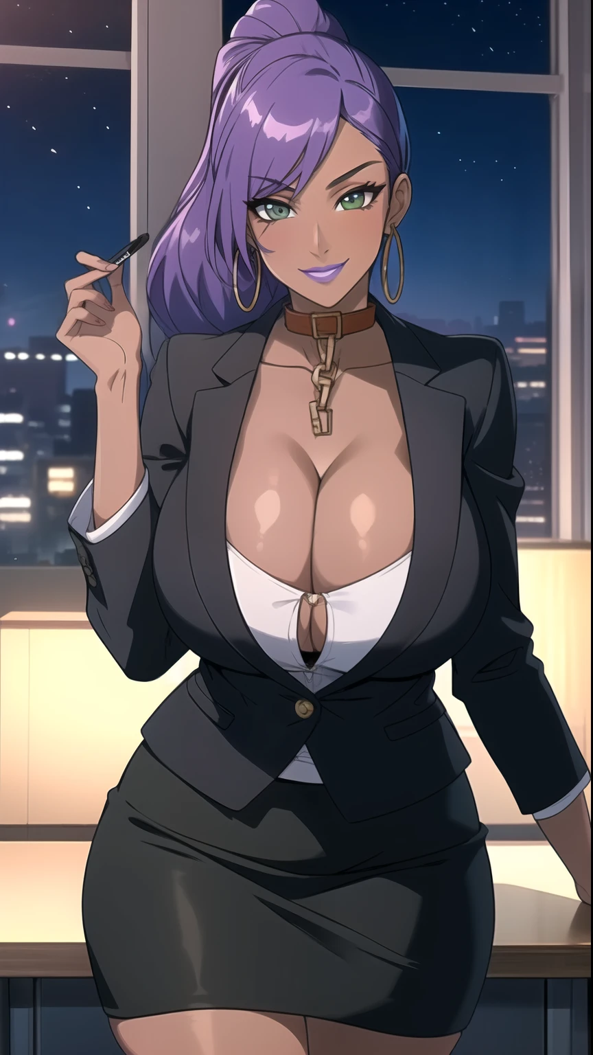(masterpiece, highres, best quality:1.3), professional artwork, 8K, highly detailed, intricate, vibrant image, sharp focus, trending on pixiv
AishwaryaRay, solo, mature female, 40yo, milf, curvy, (dark skinned female:1.2), (dark skin:1.1), posing, night_sky, city lights, smiling, looking at viewer,
purple hair, long hair, ponytail, (hair over one eye:0.8), circlet, purple lips, makeup, green eyes, hoop earrings, collar, chain, perfect eyes, perfect face, ultra detailed hair, detailed face,
, (black skirt suit:1.1), pencil skirt, miniskirt,collarbone, shiny, indoors, luxury office,
curvy, (thighs:0.7), areola slip, gigantic breasts, cleavage,