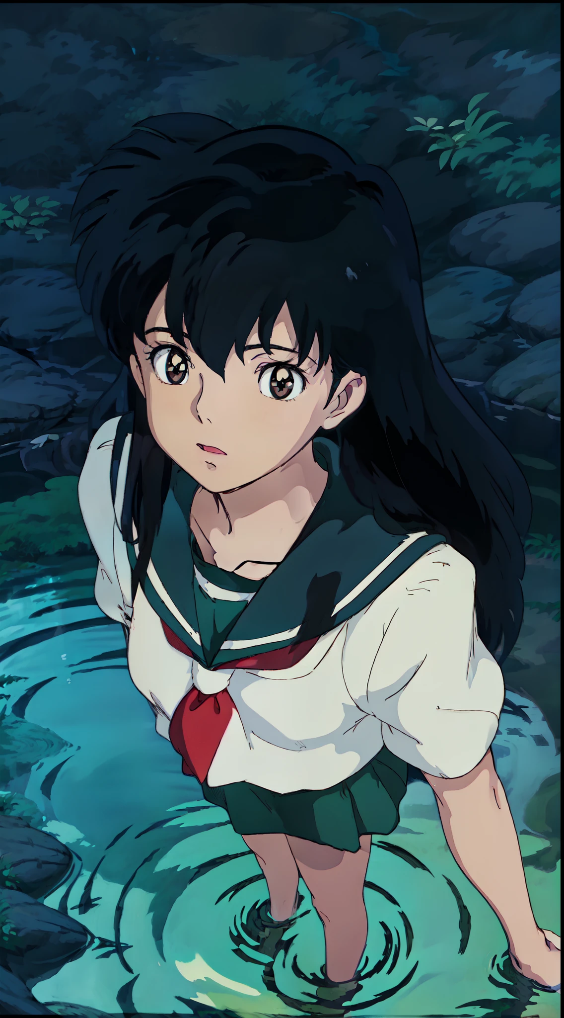1girl, Kagome Higurashi, brown eyes, full body, photorealistic, (hyperrealistic:1.2), perfect eyes, perfect face, perfect lighting, outdoors, warm colors, forest lake, school uniform, in water, night time,