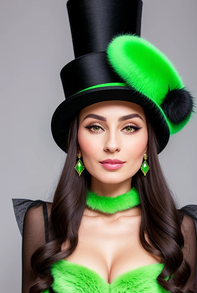 a close up of a woman wearing a Light Green hat and earrings, sleek dark fur, Light Green Fur, Russian style, very beautiful fur, fine fur, Dasha Taran, dark fur, Fur details, top hat, Anastasia Ovchinnikova, Light Green hat, synthetic fur, Elena Belova, wearing a top hat, Julia Gorokhova