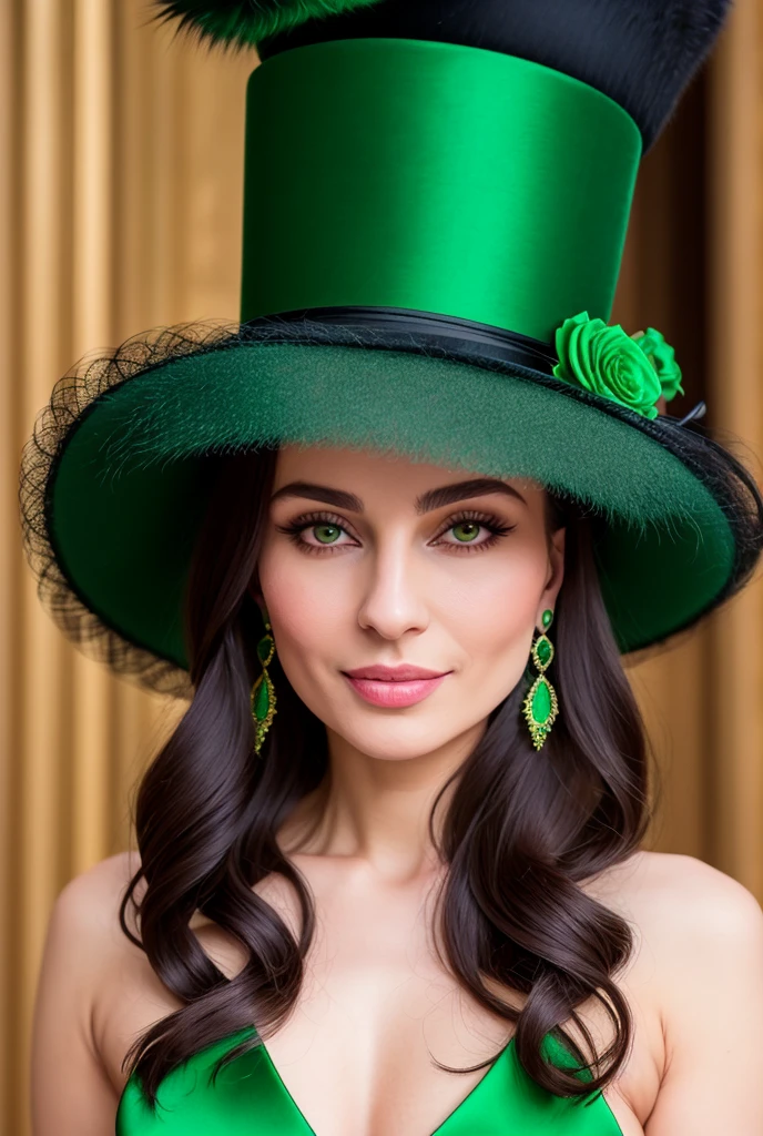 a close up of a woman wearing a Light Green hat and earrings, sleek dark fur, Light Green Fur, Russian style, very beautiful fur, fine fur, Dasha Taran, dark fur, Fur details, top hat, Anastasia Ovchinnikova, Light Green hat, synthetic fur, Elena Belova, wearing a top hat, Julia Gorokhova