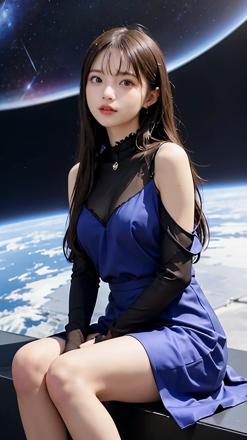 8K ultra hd, masterpiece, best quality, a beautiful girl, long hair, impressive hairstyle, crystal dress, purple dress, shining, glowing skin, purple lighting, space background, sitting, whole body capture,