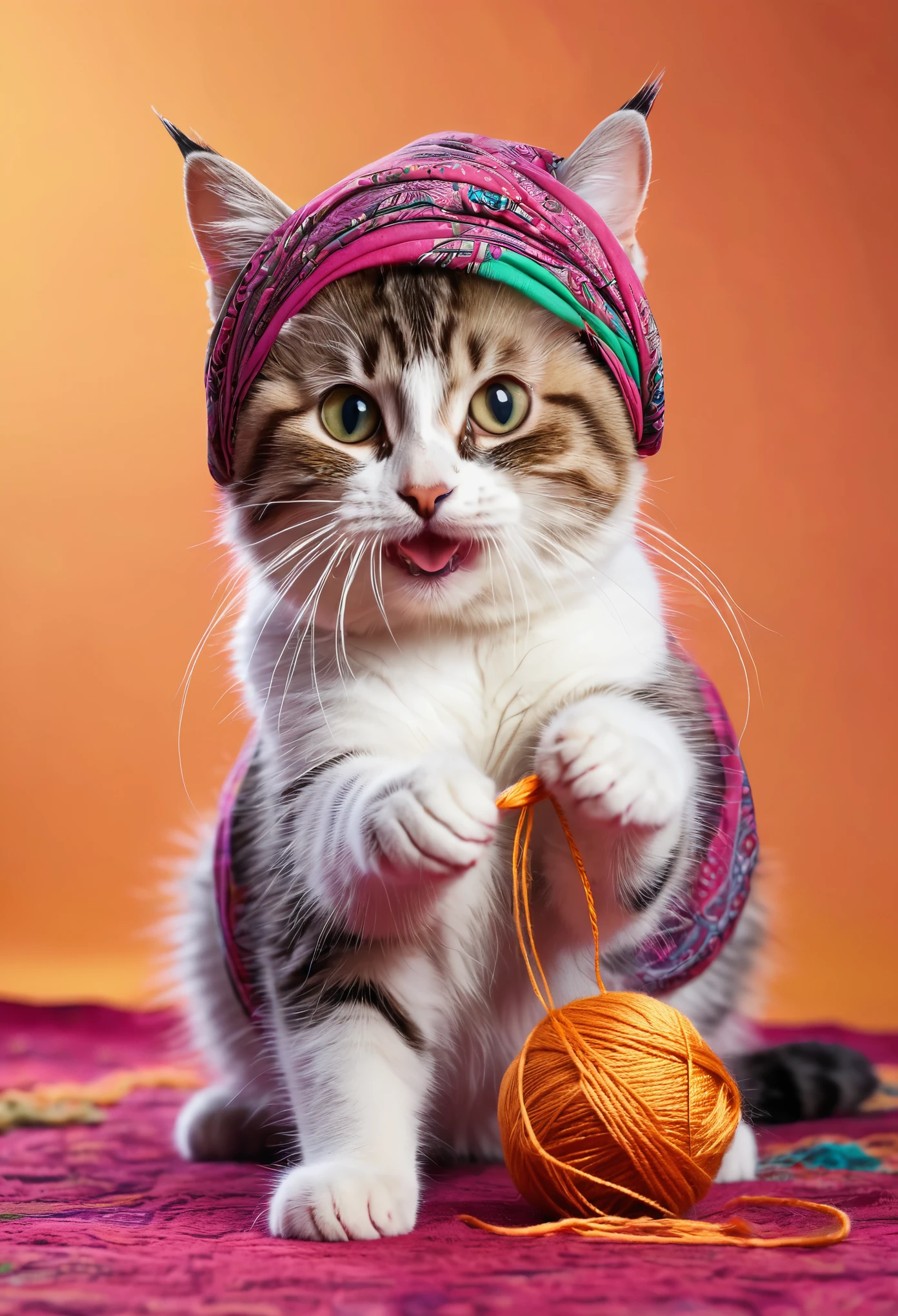 A funny cat playing with a ball of yarn, wearing a traditional Muslim headscarf. (best quality, highres, ultra-detailed), portraits, colorful, vibrant colors, soft lighting, cute expression, mischievous pose, playful background, realistic fur texture, whiskers, big round eyes, fluffy tail, lively atmosphere, joyful mood.