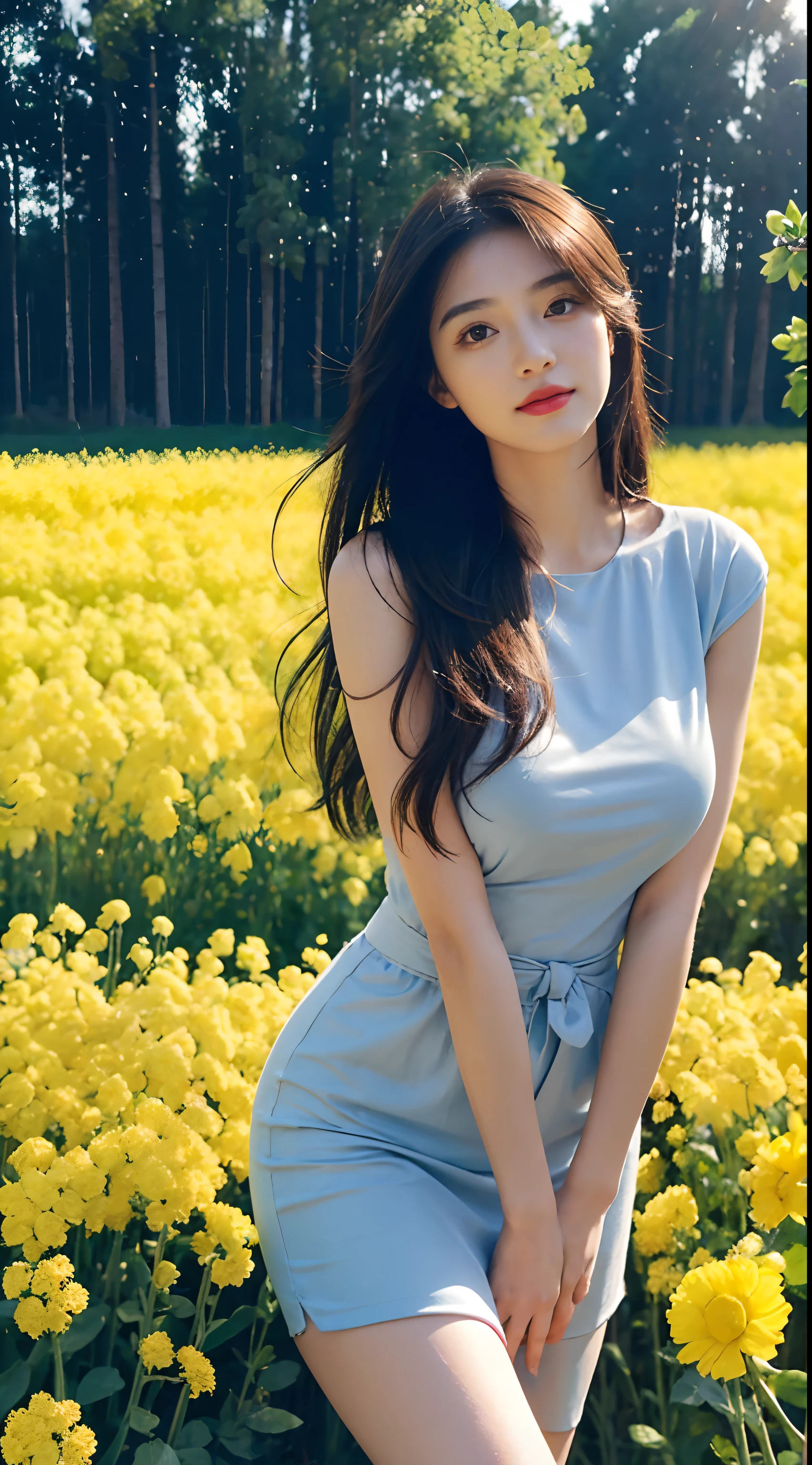 ((best quality, 8 thousand, masterpiece:1.3)),A girl about 20 years old，simple，Very beautiful and delicate.，(light makeup)，black hair，달콤한 smile，섬세하고 beautiful 고운 피부，realistic and realistic，Exquisite and perfect facial features，detailed description of the face，Big obsidian eyes，high nose bridge，red lips，beautiful, 온화하고 beautiful 소녀，soft hair，highly detailed hair，feminine temperament，Please fill your face，surrealism，realistic，8 thousand level quality，extremely detailed，realistic details，works of masters，extremely realistic，big tits body，beautiful，pure desire，amazing beauty，unrivaled beauty，Best image quality，8 thousand resolution，illusion，smile，good facial features，long hair and waist，big, long, thick legs，pretty short skirt，rays of sunlight，towards the camera，The body is well balanced and strong.，soft eyes，thigh exposure，In a wonderful rape flower field，（（（Don't show your hands））），（hide your hands，Don't show your hands）