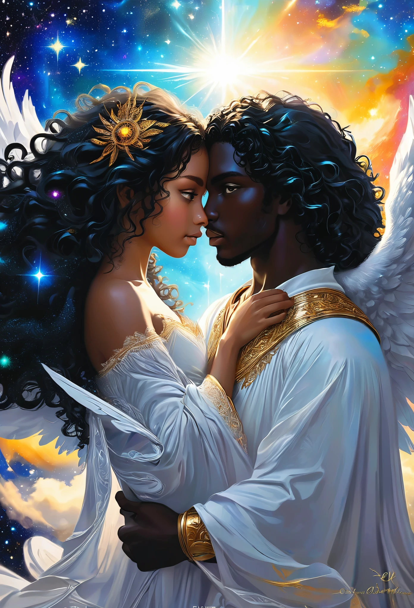 Novel in a celestial landscape, le titre est Soulmate, jeune couple amoureux de 25 ans, dans un tribunal, she is a black skinned imperial judge with long curly black hair, he is the juge of the dark skinned warrior angels with curly hair, il a les yeux bleu, elle a les yeux gris, couple torride, visage très fins, Colorful eyes, (((very beautiful))), visages parfait, corps entier