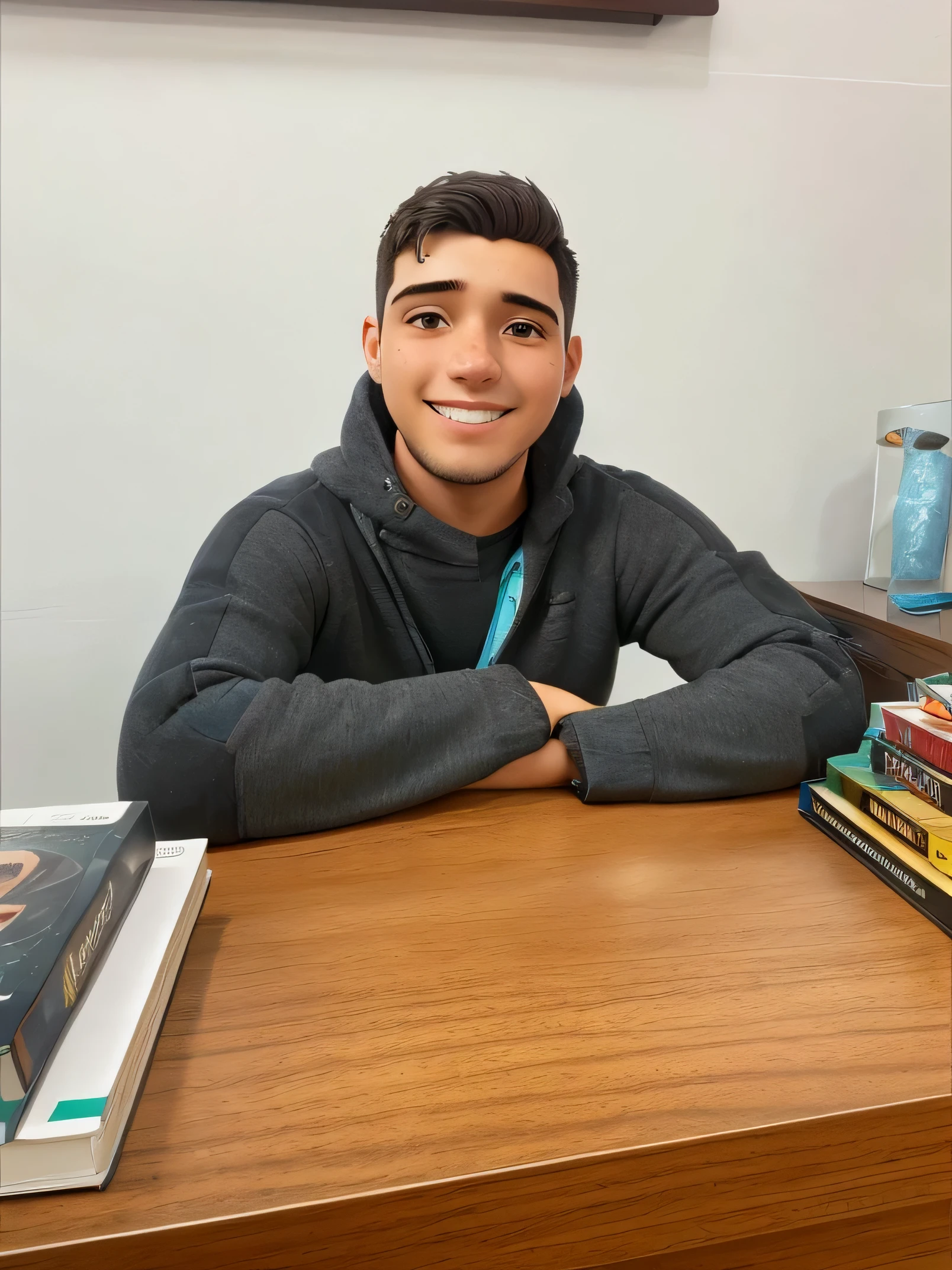 homem arafiado sentado em uma mesa com livros e um sorriso, sentado em sua mesa, alex flores, assunto completo mostrado na foto, Elliot Alderson, Mateus Stewart, daniel mirante, daniel dociu, Asher Duran, Christian Orrillo, Damian Kryzwonos, posuka demizu, Joel Torres, Astor Alexandre, bradley wright, Paulo Carrick