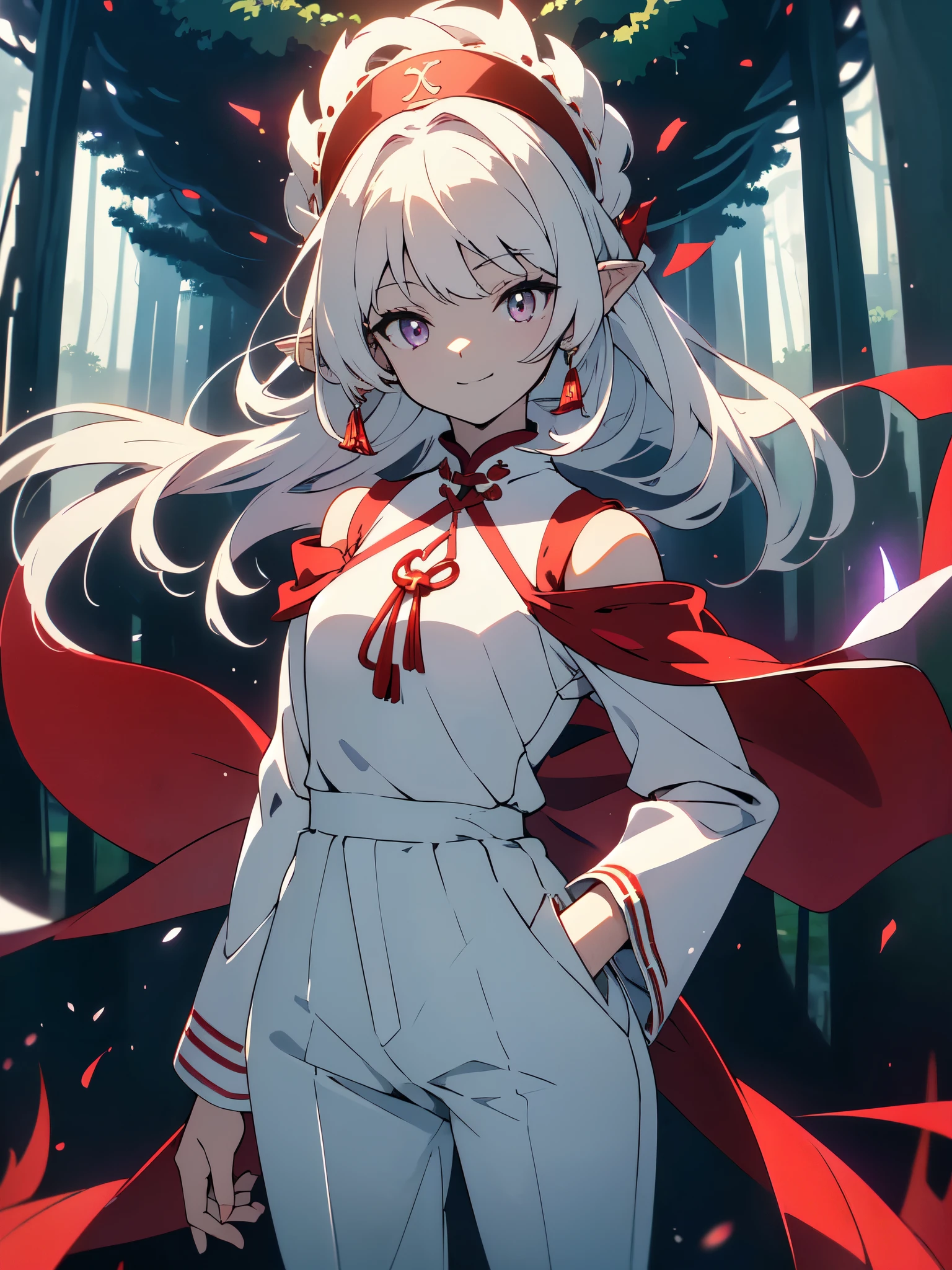 (masterpiece, highest quality,High resolution、detailed beautiful face) ,(Shining eyes、smile),(1 girl、short and 、small shoulder width),(White beast ears) ,(long white hair),(trousers style cheongsam、red:1.2).(dark red-purple eyes),(whole body), perfect eyes, perfect face,, cowboy shot,beautiful anime、Deep in the secluded forest、Shrine precincts