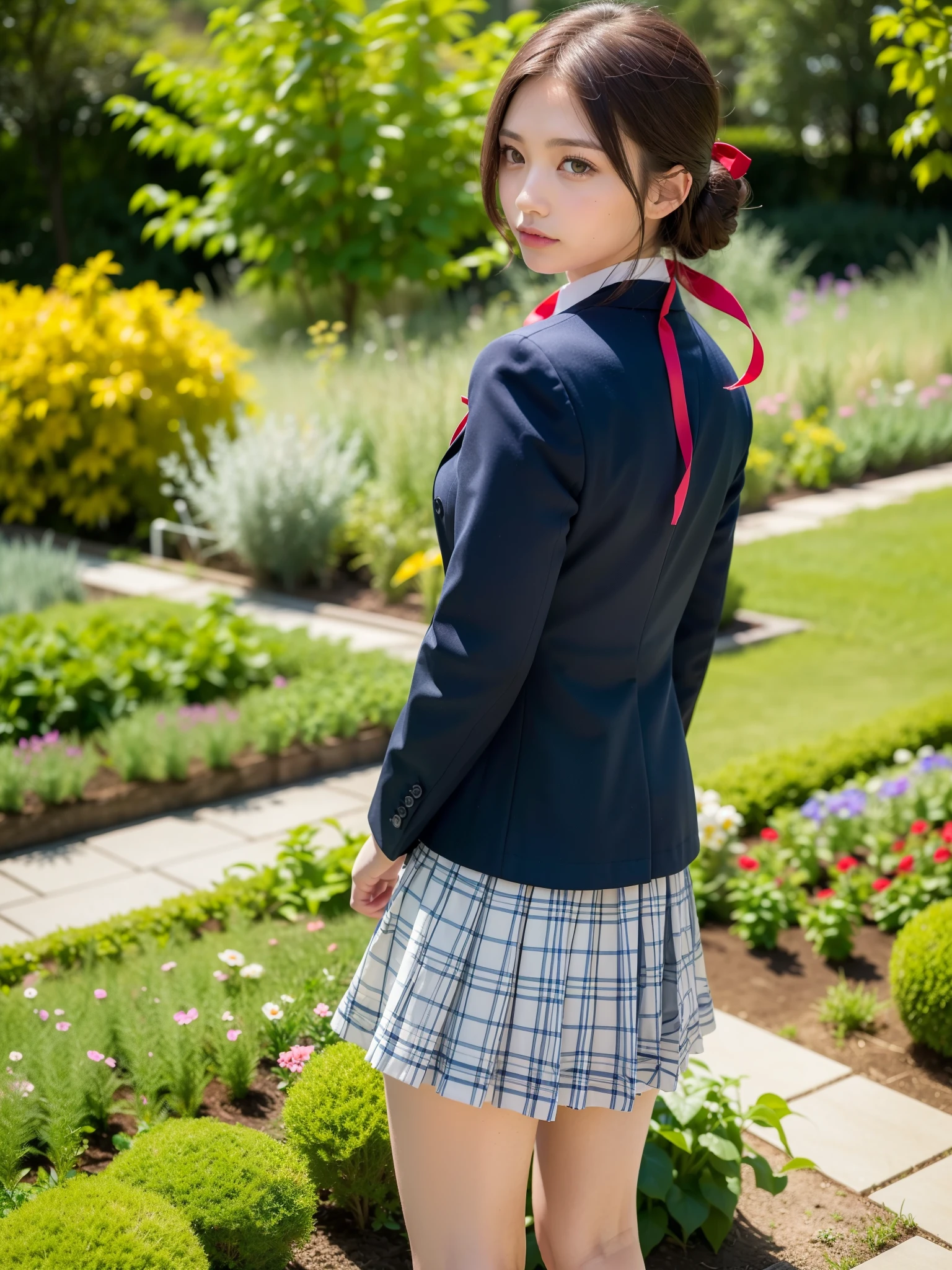 ((Best of the highest quality, 8k, Masterpiece: 1.3, raw photo)), Sharp focus: 1.2, (1 AESPA girl: 1.1), (Solo: 1.18), (realistic, photo-realistic:1.37), face focus, cute face, finely eyes, (Small breasts, flat chest, Thigh: 1.3), (wearing blazer school uniform dress:1.32), (multilayer-skirt), ((ribbon, frills):1.38), short messy hair, updo, (standing, from behind, garden: 1.32)