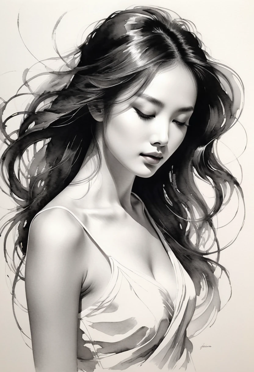 Elegant maiden,black and white水墨画,pen sketch drawing,Loose brushstrokes,Pen outlines delicate lines,flowing action,Subtle ink tones,elegant posture,A peaceful expression,Delicate facial features,black and white,clean