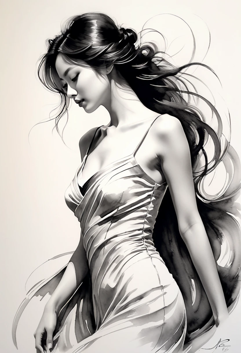 Elegant maiden，black and white水墨画，pen sketch drawing，Loose brushstrokes，Pen outlines delicate lines，flowing action，Subtle ink tones，elegant posture，A peaceful expression，Delicate facial features，black and white，clean