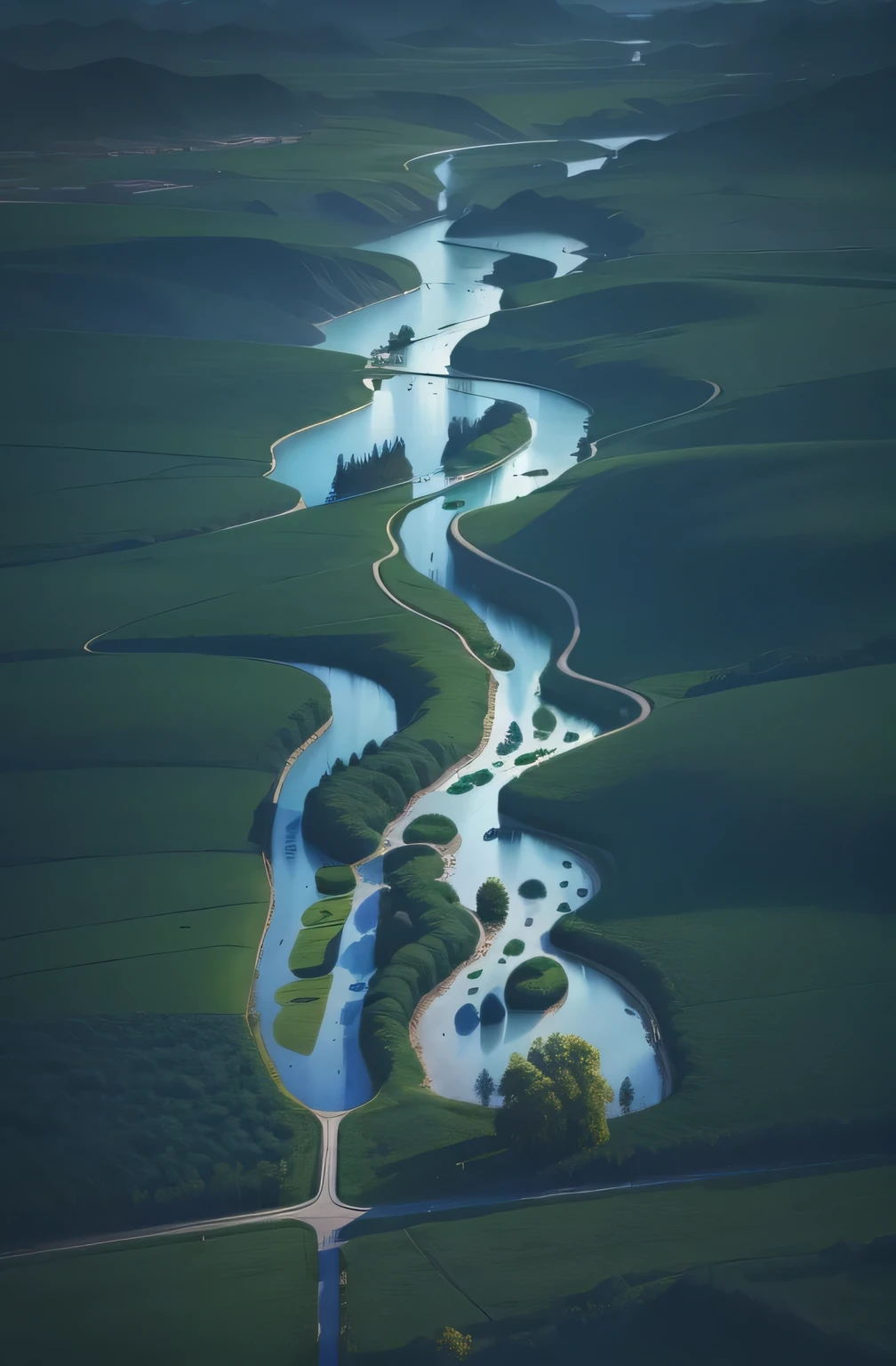 a view of a river running through a lush green field, twisted waterway, winding rivers, waterway, river delta, vortex river, frans lanting, amazing depth, top down photograph, giant river, rivers and lakes, antenna, with trees and rivers, top down photo, Lu Ji, river, by Yu Zhiding, by Zha Shibiao