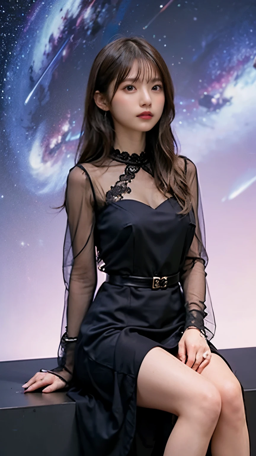 8K ultra hd, masterpiece, best quality, a beautiful girl, long hair, impressive hairstyle, crystal dress, purple dress, shining, glowing skin, purple lighting, space background, sitting, whole body capture,