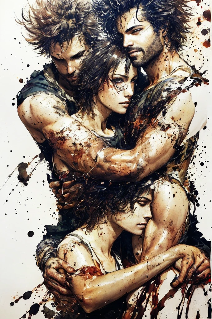 couple hugging, sexy woman, handsome man, (swag), (smirk), (love), beautiful detailed eyes, messy hair, ink drip, ink explosion, drawn by Greg Rutkowski, [Yoji Shinkawa]