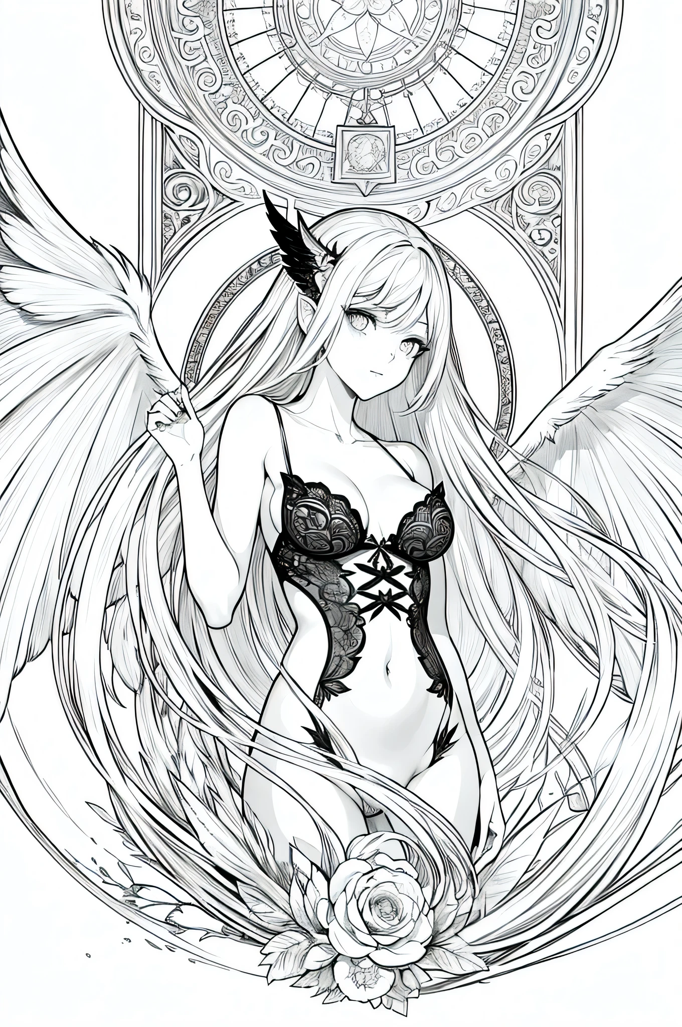 A dark fairy with beautiful wings in an anime art style.. Las alas deben ser ultradetalladas y fascinantes., Parecido a una obra de arte. This dark fairy should exude a sexy and mysterious aura., con un toque de elementos NSFW. She should be portrayed wearing lingerie., posando sobre un fondo blanco limpio. The overall artwork should have a monochromatic color scheme., enhancing the dark and seductive atmosphere. The lines of the drawing should be delicate and elegant., parecido a un boceto. La calidad de la imagen debe ser de primera., with 4K resolution, 8K, or even higher, making it a true masterpiece.