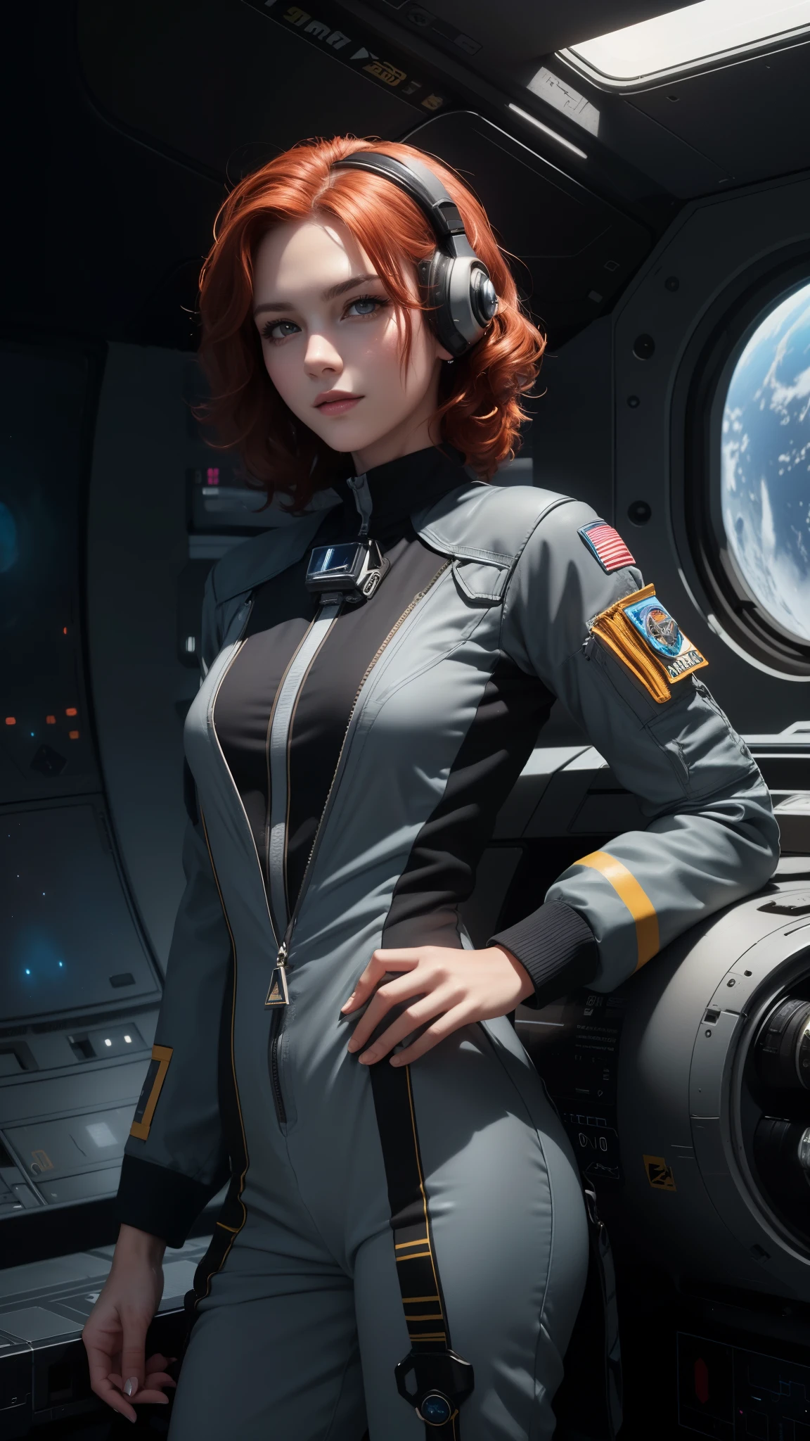 ((photorealism, high quality, detail)), (the whole body:1.10), ((it costs half a turn:1.10)) science fiction, Futuristic setting, Military, (girl pilot of the space fleet), (girl pilot of a spaceship), (slender girl 25 years old, thin figure:1.7, small breasts), attractive appearance, looks at us with seductive eyes, (sly face, mysterious smile), very beautiful, ((redheads:1.10)) thick curly hair (shoulder length:1.5), blue eyes, ((dark gray)) uniform, (((dark gray space pilot jumpsuit))), (medals:1.10), volumetric lighting, Sargent ISO1600 uniform, unreal engin 5, octane rendering, (2D: 1.2), digital painting, artstation, concept art, smooth, clear focus,