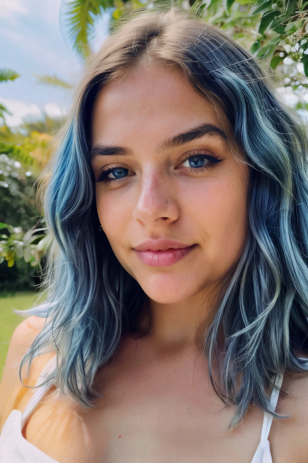 Beautiful young girl, Close-up face portrait, straight into the camera, front view, face only, (blue hair), (19, Innocent face), ((Natural long wavy hair)), ((blue eyes)), perfect skin, cute face, wrinkle-free, picture in RAW-Format, (best quality), (masterpiece), detailed, (beautiful Latina), Long wavy hair, Erstellen Sie ein atemberaubendes diffuses Bild. Instagram-Influencer, Influencer, happy
