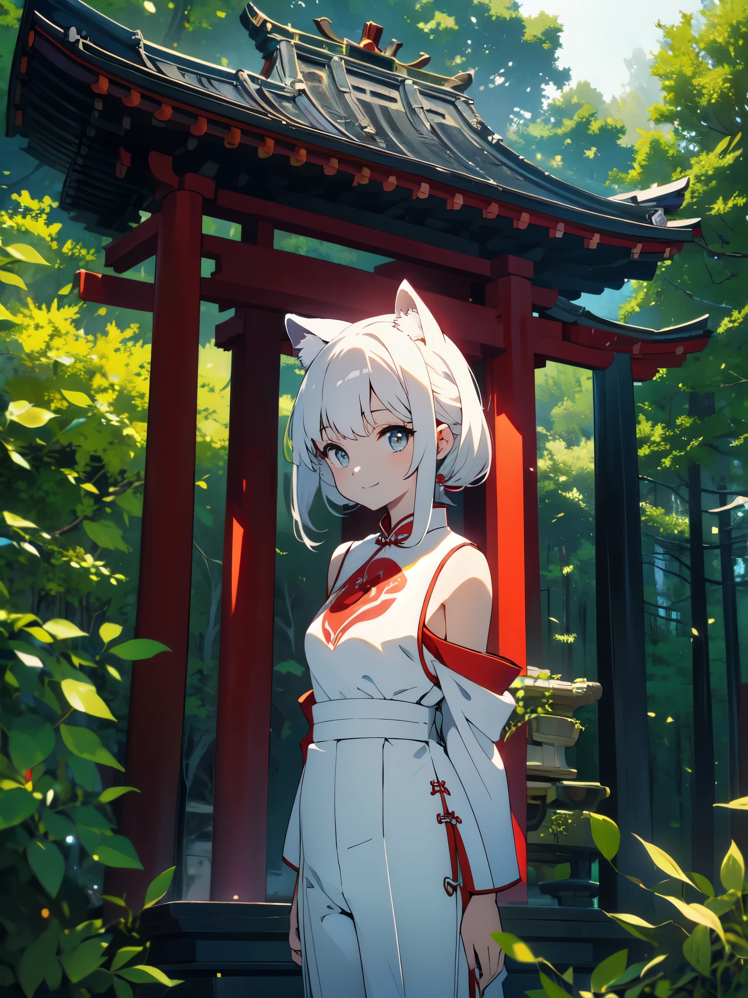 (masterpiece, highest quality,High resolution、detailed beautiful face) ,(Shining eyes、smile),(1 girl、short and 、small shoulder width),(white animal ears on head) ,(long white hair),(trousers style cheongsam、red:1.4).(濃いredの目),(whole body), perfect eyes, perfect face,, cowboy shot,beautiful anime、Deep in the secluded forest、Shrine precincts