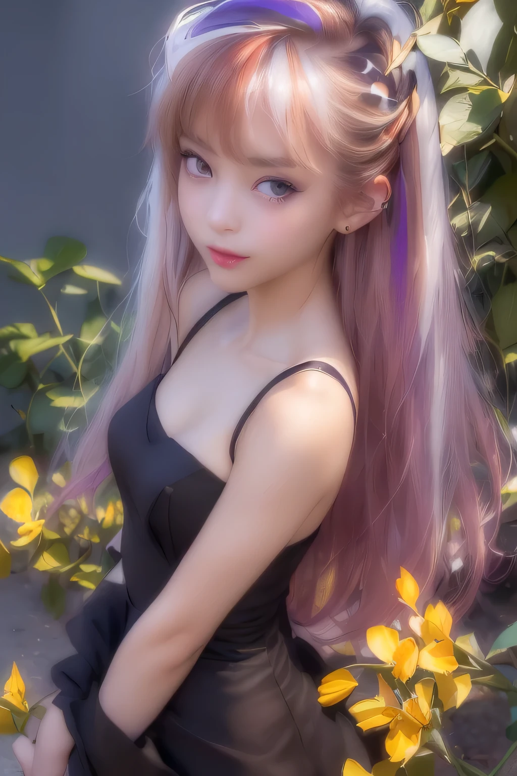((Create MaxZenArt!)), (Yuna), (young girl, , naked, full length, naked body, dark hair, light skin, scarlet lips, smile; black, expressive playful eyes, long eyelashes))_( (Highest quality, masterpiece), (one young girl - 16 years oldll length, legs spread, white hair, white skin, scarlet lips-smile; black, expressive playful eyes, long eyelashes), (black translucent - chiffon dress, golden line, very short peignoir dress, (erotica), (sexy), (very sexy body, seductive body, small beautiful breasts, genitals), (calm relaxed pose, hair fluttering in the wind, half turn, look at viewer, stylish girl model))_((Digital painting, wide brush stroke, outstanding skill, oil painting), (daylight, soft warm shadows, contrasting cold light, reflexes, refraction, tracing))_((background - stunning blooming irises; (purple, yellow, blue, white), (petals, shoots))_((Highest quality workmanship, realism, digital painting, modern brushwork, clear correct anatomy, grace, simplicity of execution))、Beyond the river of tears、I want to forget everything、sad unrequited love、Embraced by a woodcutter、cute girl,perfect face,