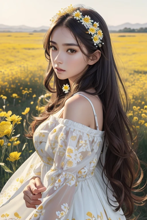 (Beautiful girl_one person),(long hair_dark brown,Bold waves),(pretty face_Clear facial features,expressionless,White skin,immaculately clear),((costume_Pure white dress(yellow floral pattern)),(whole body_Good ratio),(background_Vast grasslands_wild flower with unknown name),(style_realistic,realistic details),(picture quality_high quality,8K),