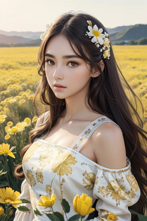 (Beautiful girl_one person),(long hair_dark brown,Bold waves),(pretty face_Clear facial features,expressionless,White skin,immaculately clear),((costume_Pure white dress(yellow floral pattern)),(whole body_Good ratio),(background_Vast grasslands_wild flower with unknown name),(style_realistic,realistic details),(picture quality_high quality,8K),