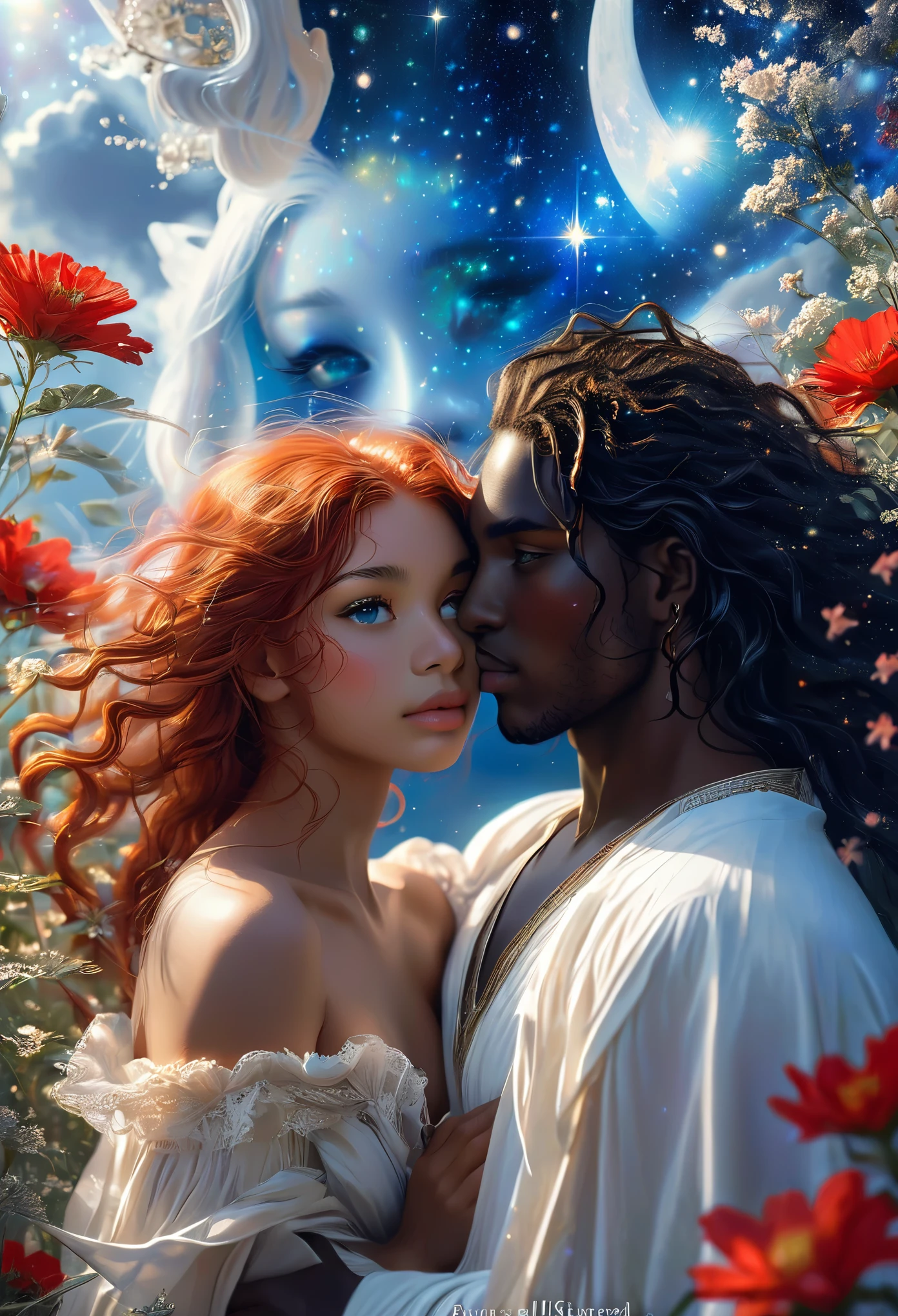 Novel in a celestial landscape, le titre est Soulmate, jeune couple amoureux de 25 ans, dans un sanctuaire, she is a black skin celestial nymph with long straight red hair, he is a young imperial prince with dark skin and curly hair, il a les yeux bleu, elle a les yeux gris, couple torride, visage très fins, colored eyes, (((beautiful))), visages parfaits, corps entier, Romantic scene, Voie romantique