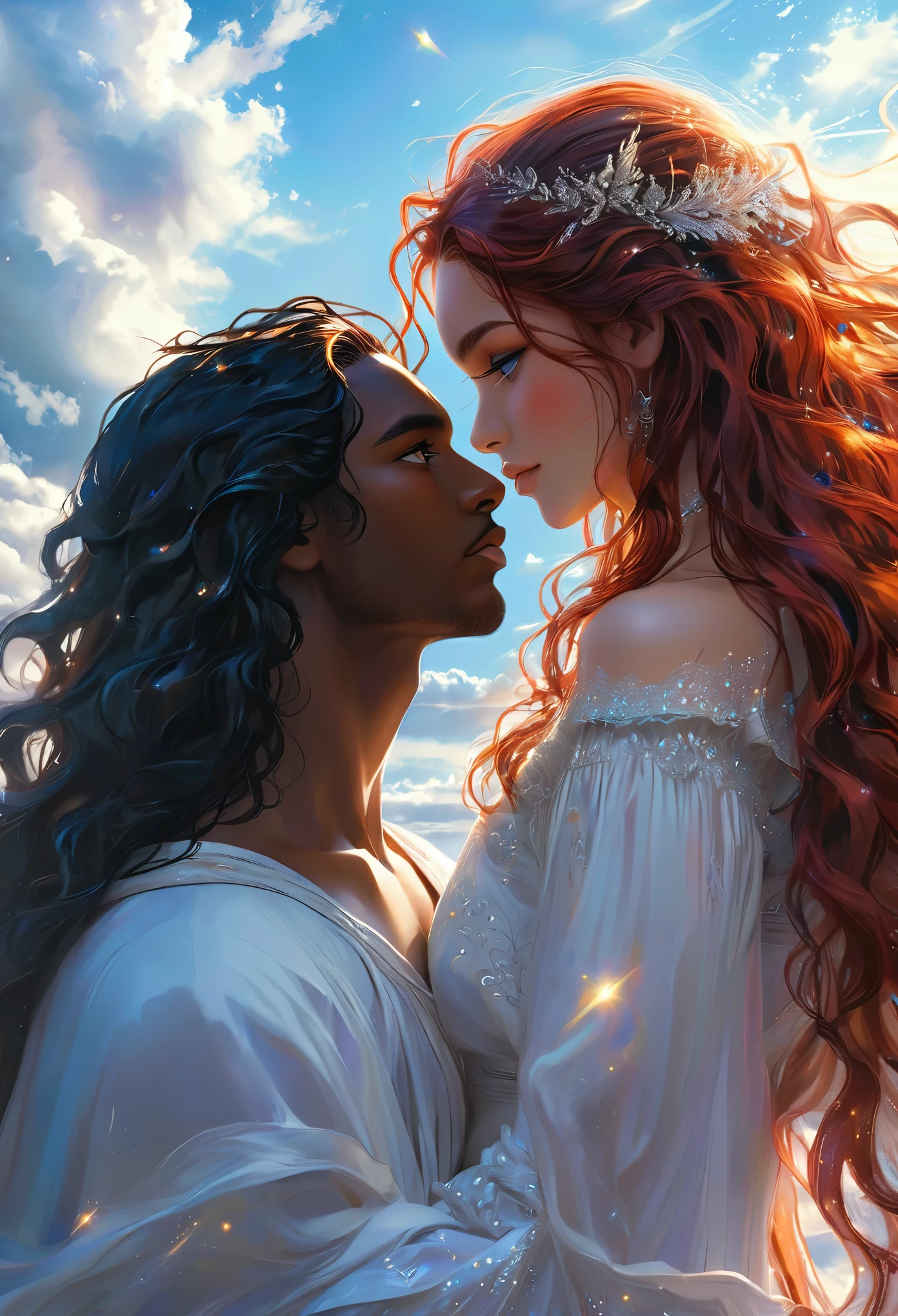 Novel in a celestial landscape, le titre est Heartbroken, jeune couple de 25 ans, il est amoureux d'elle, elle veut le tuer, dans un sanctuaire ancien, she is a dark skinned celestial nymph warrior with long straight red hair, he is a young imperial prince with dark skin and curly hair, il a les yeux bleu, elle a les yeux gris, couple torride, visage très fins, colored eyes, (((beautiful))), visages parfaits, corps entier, Romantic scene, Voie romantique
