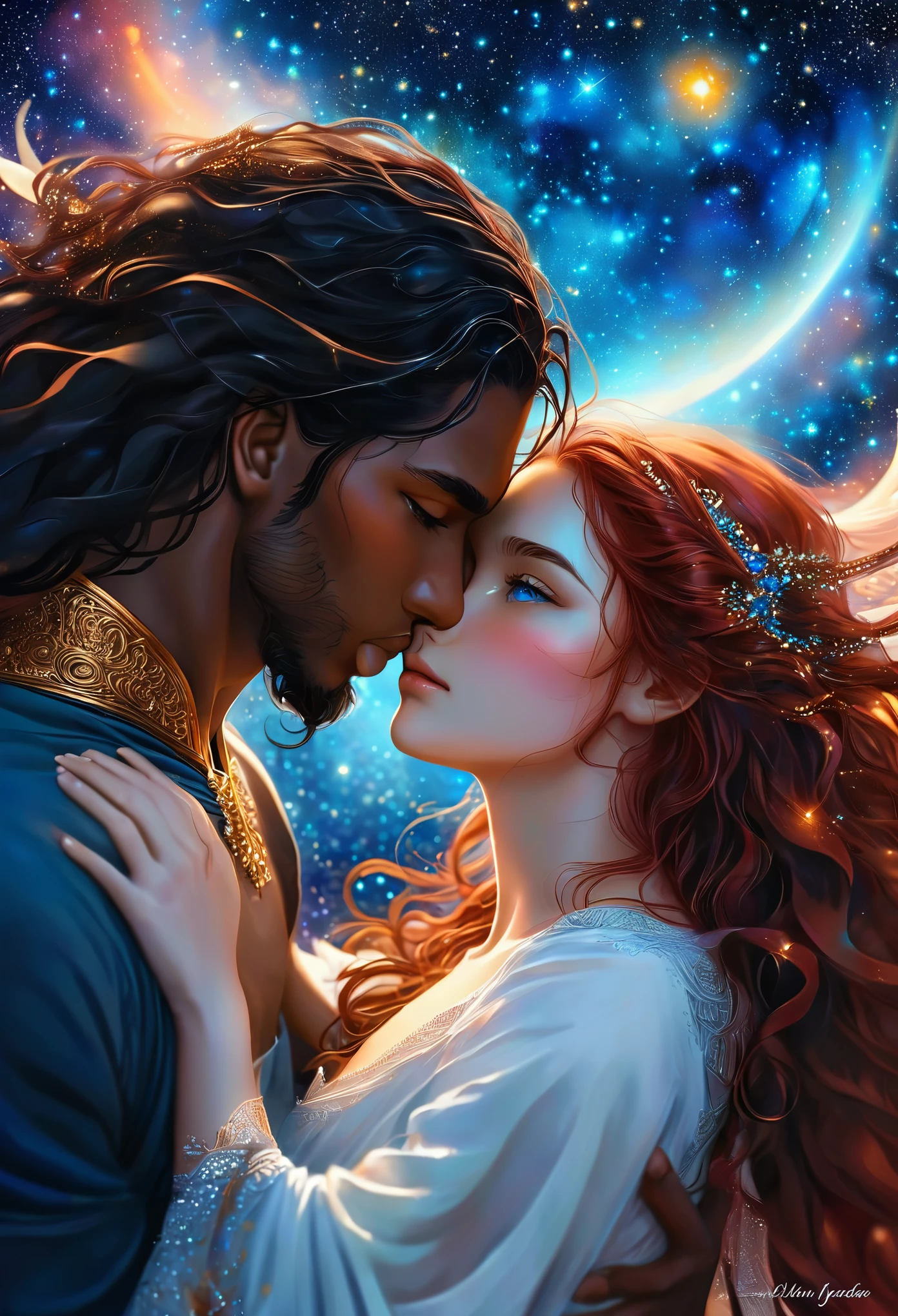 Novel in a celestial landscape, le titre est Heartbroken, jeune couple de 25 ans, il est amoureux d'elle, elle veut le tuer, dans un sanctuaire, she is a dark skinned celestial nymph warrior with long straight red hair, he is a young imperial prince with dark skin and curly hair, il a les yeux bleu, elle a les yeux gris, couple torride, visage très fins, colored eyes, (((beautiful))), visages parfaits, corps entier, Romantic scene, Voie romantique