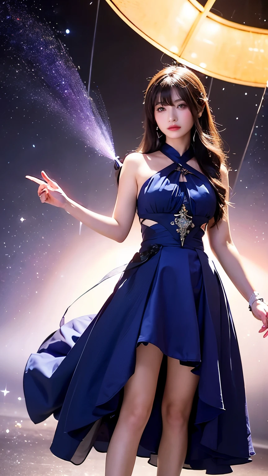 8K ultra hd, masterpiece, best quality, a beautiful girl, long hair, impressive hairstyle, crystal dress, purple dress, shining, glowing skin, purple lighting, space background, whole body capture,