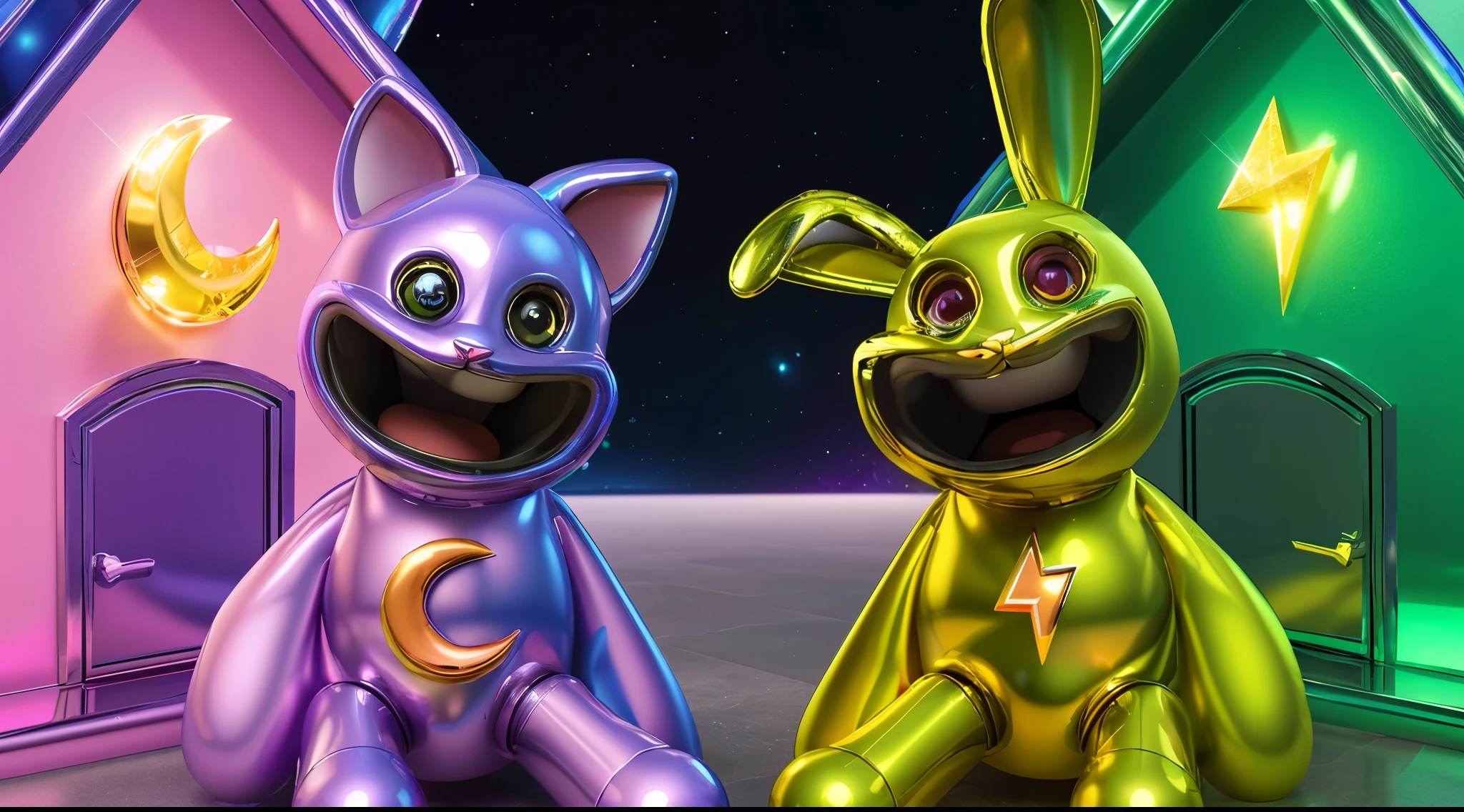 In the image, there are two metallic characters, a cat and a rabbit, standing in front of two houses. The cat is purple with a crescent moon on its chest, and the rabbit is green with a lightning bolt on its chest. The background is a starry night sky. two cartoon characters standing next to each other, Electricsbunny, Holographic creatures, Beeple and Jeremiah Ketner, 🐋 as 🐘 as 🤖 as 👽 as 🐳, Rabbids at a metal concert, cute 3D rendering, 3D icon for mobile game, robot rabbit, Shiny metallic, 3D персонажи violet cat toy, toy cat laying on glossy metalic floor, glossy texture, smooth 3d model, multiple light sources, rim light, sharp post effects render, (glossy metallic texture with multiple big light probe refractions), perfect cgi, cgi art created only with gradients, smooth silhouette, high intensity refraction, (super glossy chrome material), most beautiful vfx, blue background, chrome metal refractions