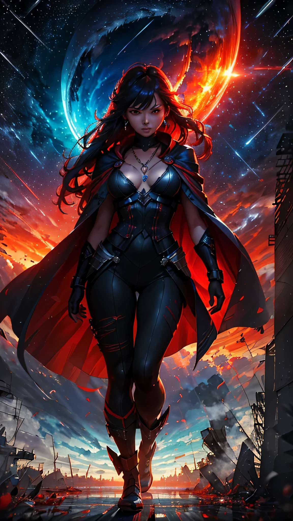 最high quality、best image quality、masterpiece、girl((20-year-old、 By becoming、vest bust、medium bust,wide open breast tea、shining eyes, neon hair、long hair、thin,highest valley、Black Hero Suit、Red Hero Mask、blue cloak、scream、full body tattoo,diamond earrings、Wristband、necklace,dual sword style)),high quality、beautiful art、background((night、red thunder、storm、gust of wind、tornado))、Flight、debris flies、Depth of written boundary、movie、visual art、perfect art、8k,genuine、
