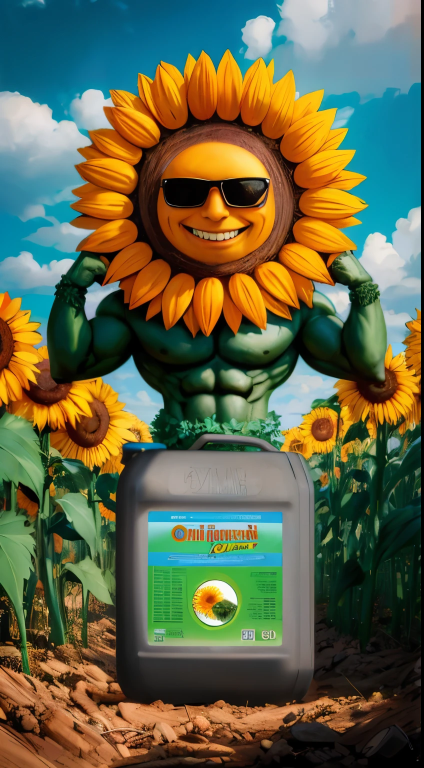 there is a cartoon image of a man with sunflowers on his head, Optimus, sun orientation, Oilpunk, fantastic oil, selk ´ nam Sun God, vegetable oil, by Nikola Avramov, oil on canvas, by Simon Ushakov, Giant sunflower as a face, official product photo, inspired by Victor Oliva, Sun God
