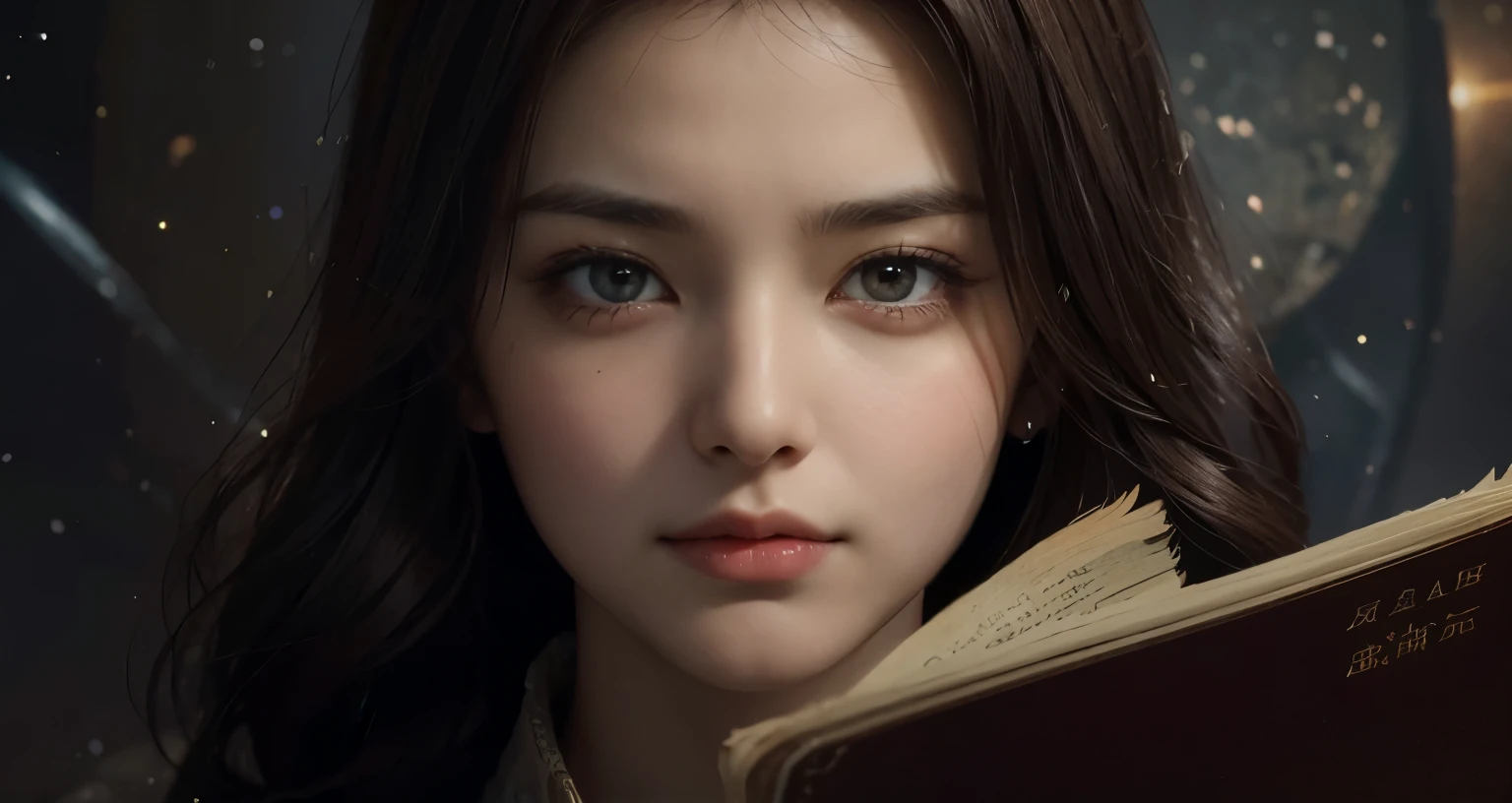 A beautiful woman holds an ancient document in her hand and looks at the camera with a serious expression. Dark brown hair. Space is spreading out behind her.