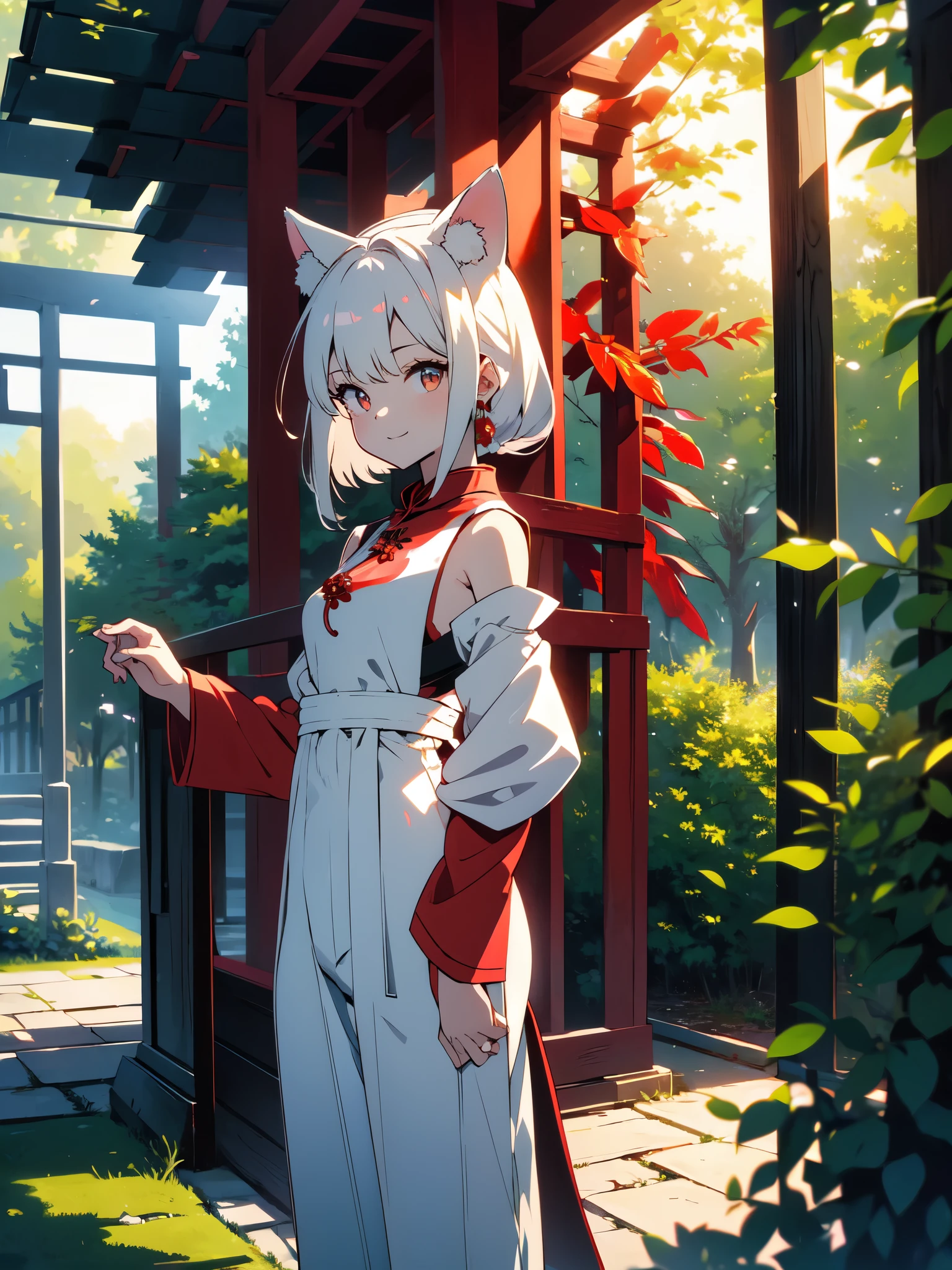 (masterpiece, highest quality,High resolution、detailed beautiful face) ,(Shining eyes、smile),(1 girl、short and 、small shoulder width),(white animal ears on head) ,(long white hair),(trousers style cheongsam、red:1.4).(濃いredの目),(whole body), perfect eyes, perfect face,, cowboy shot,beautiful anime、Deep in the secluded forest、Shrine precincts