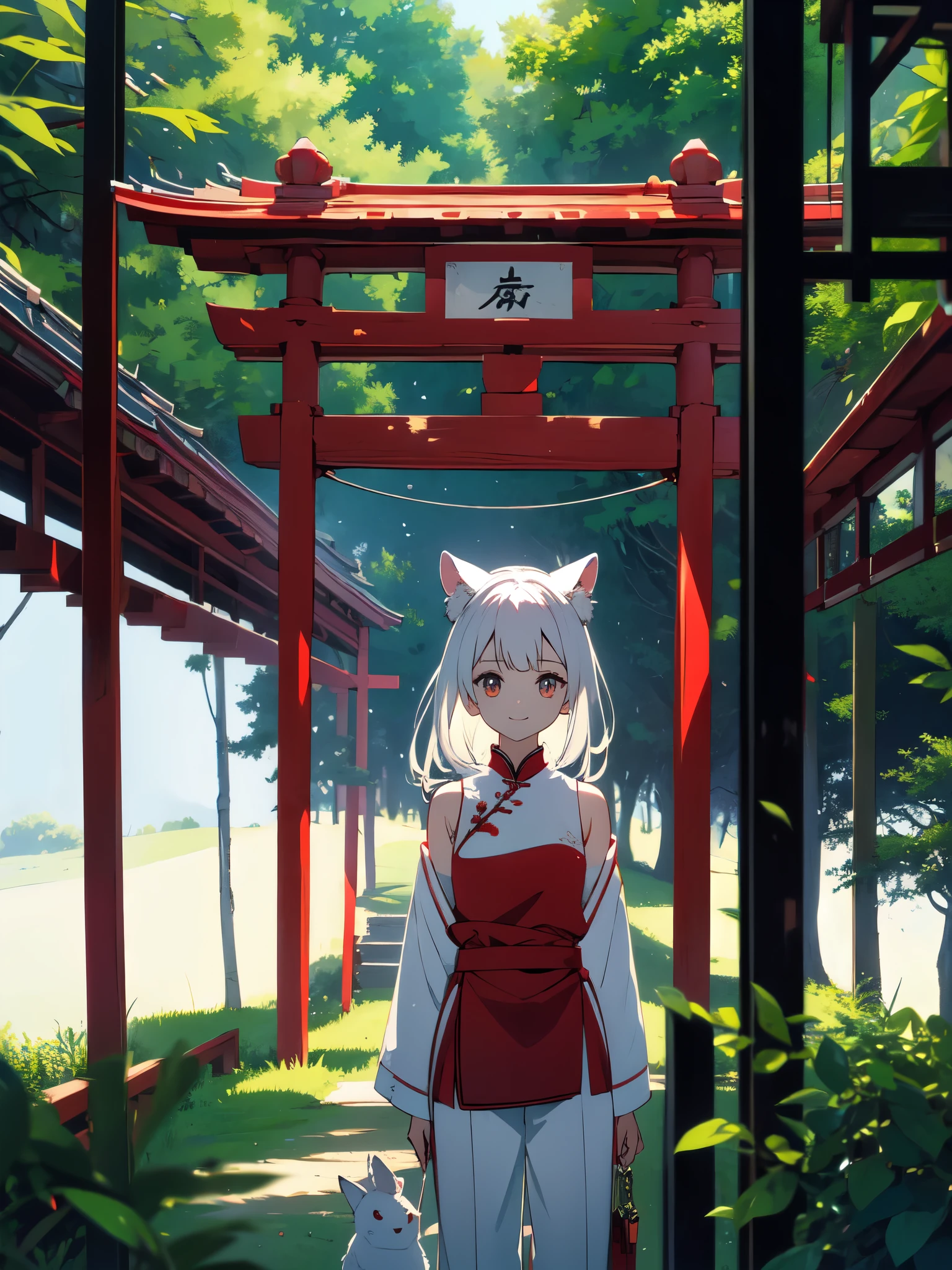 (masterpiece, highest quality,High resolution、detailed beautiful face) ,(Shining eyes、smile),(1 girl、short and 、small shoulder width),(white animal ears on head) ,(long white hair),(trousers style cheongsam、red:1.4).(濃いredの目),(whole body), perfect eyes, perfect face,, cowboy shot,beautiful anime、Deep in the secluded forest、Shrine precincts