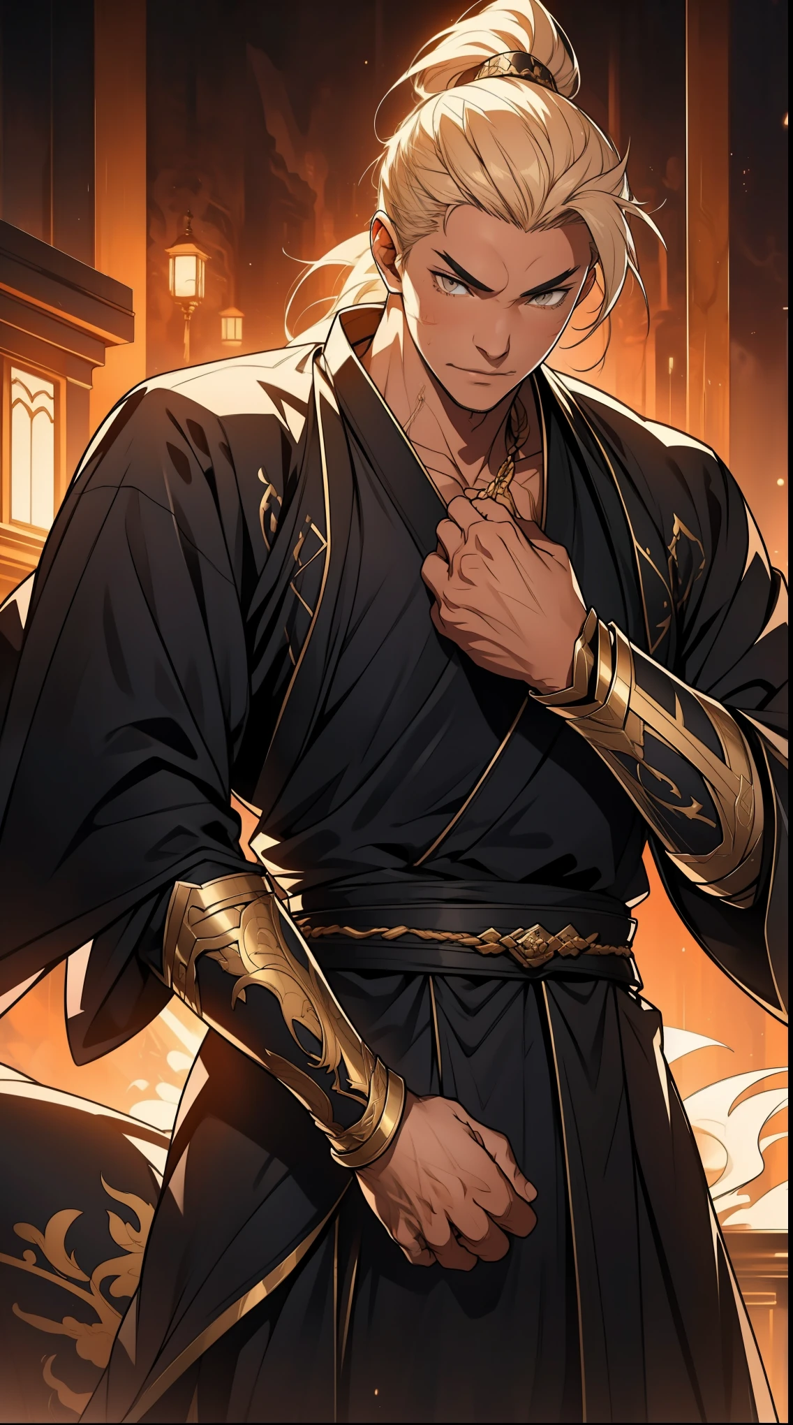 one person(male warrior),proportions are correct,facial details,swordsman,high ponytail hairstyle,neck detail,Have an Adam's apple,Black and gold robe,joke,Black and gold robe,clothing details,Hand over,long sleeves,Game quality,fencing,Ray tracing,Ray tracing,Detailed glow,CG rendering,hair details,Long black and blond hair,Black-gold eyes,Handsome,Handsome,(Youthful feeling),Costumes are complicated,Perfect composition,refine,high quality,higher details,many details,Complex background,a sense of atmosphere,