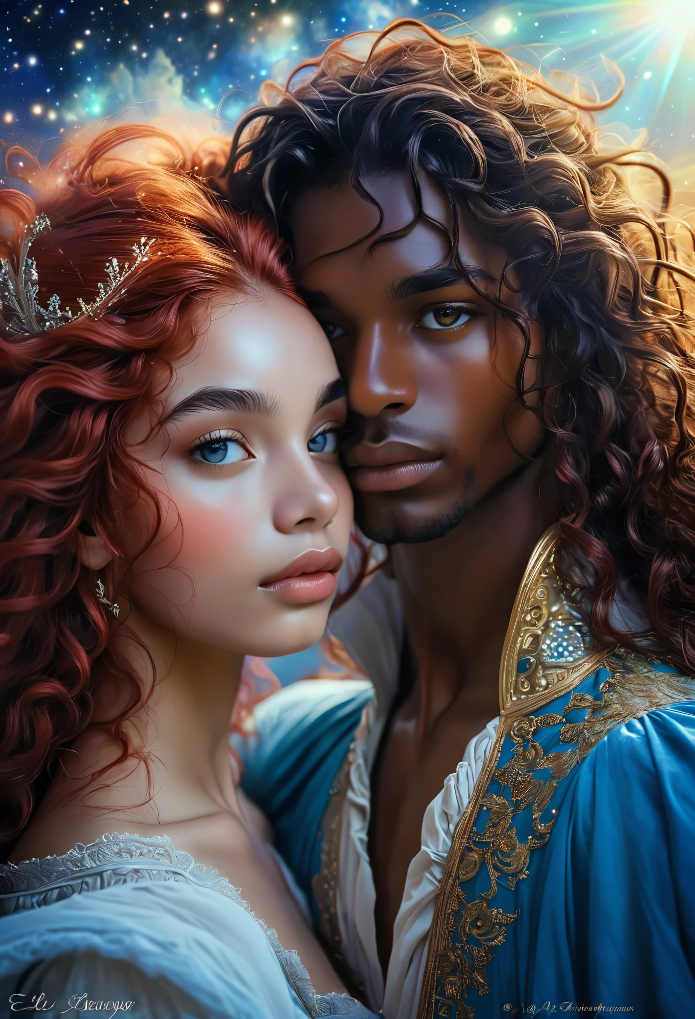Novel in a celestial landscape, le titre est Desperate to love, jeune couple amoureux de 25 ans qui se fait un calin, dans un sanctuaire, she is a black skin celestial nymph with long straight red hair, elle est enceinte, he is a young crowned imperial prince with dark skin and curly hair, il a les yeux bleu, elle a les yeux gris, couple torride, visage très fins, colored eyes, (((beautiful))), visages parfaits, corps entier, Romantic scene, Voie romantique