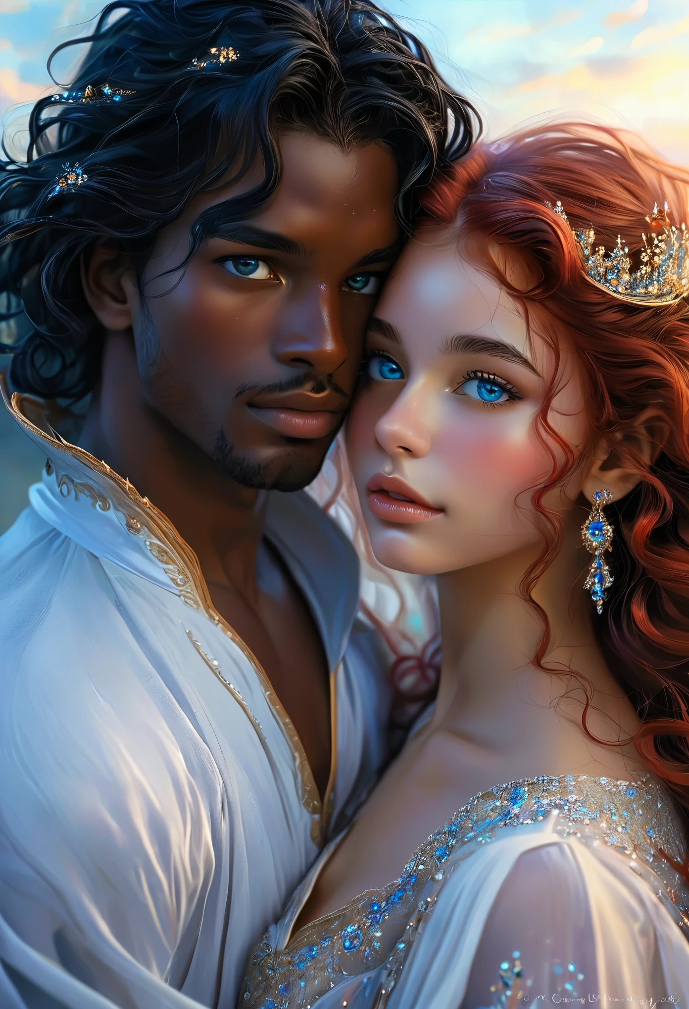 Novel in a celestial landscape, le titre est One night with you, jeune couple amoureux de 25 ans, dans un sanctuaire, l'homme retient la femme enceinte par la taille, ((she is a black skin celestial nymph with long straight red hair)), he is a young crowned imperial prince with dark skin and curly hair, il a les yeux bleu, elle a les yeux gris, couple torride, visage très fins, colored eyes, (((beautiful))), visages parfaits, corps entier, Romantic scene, Voie romantique, masterpiece