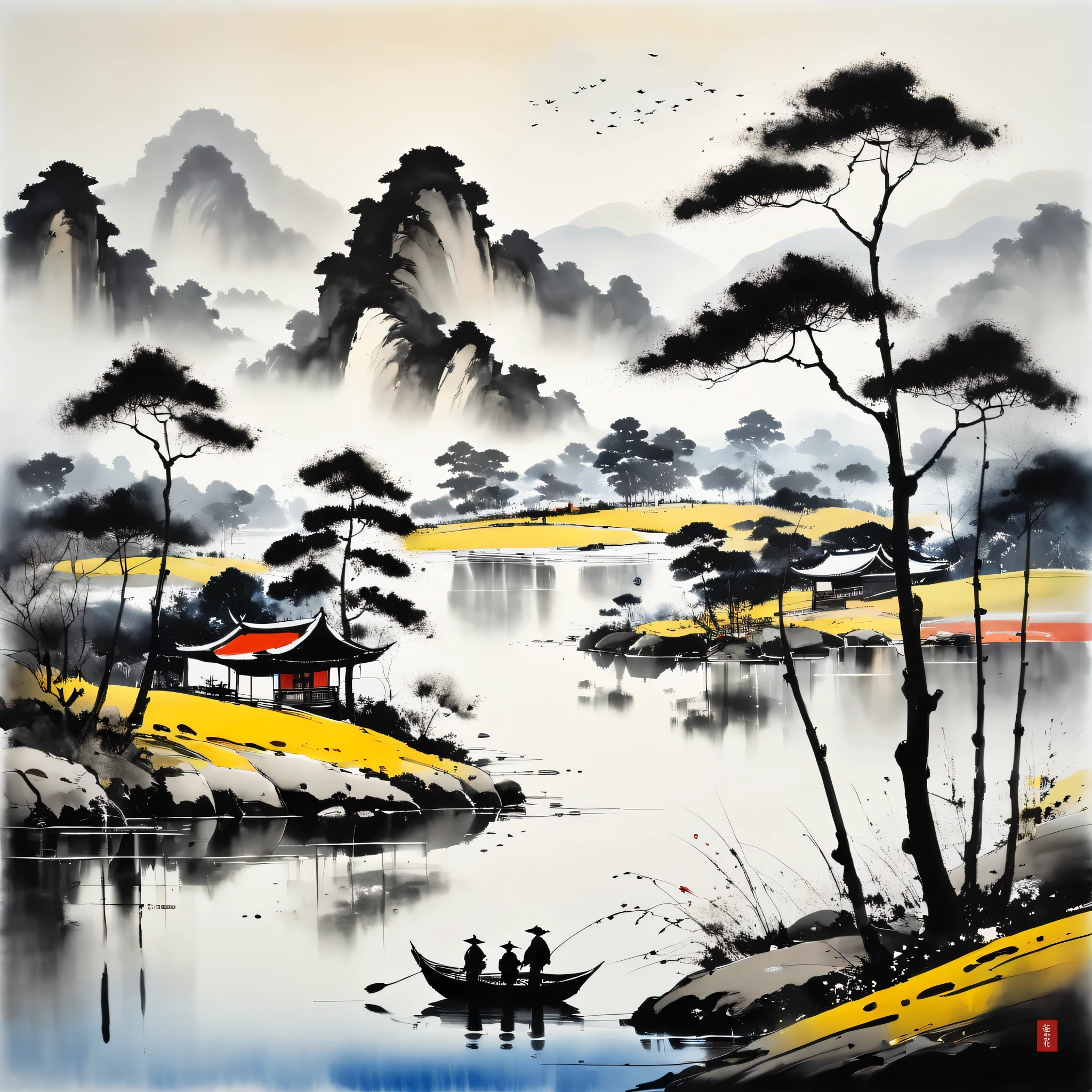 (Wu Kanzhong&#39;s painting style), A combination of ink painting techniques and Western painting concepts, (lake and trees々landscape painting with,