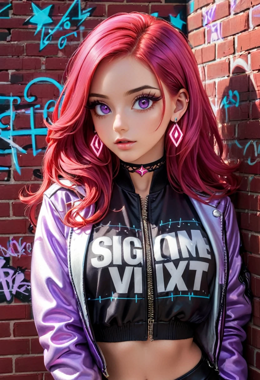 (masterpiece, best quality, 1girl, solo, intricate details, chromatic aberration), realistic,long hair, pink hair, red head ornament, pink highlights, hair over one eye,purple eyes, earrings, sharp eyes, choker, neon shirt, open jacket, crop top, (symmetry eyes),(perfect symmetrical body),against wall, brick wall, graffiti, dim lighting, alley ,look at viewer