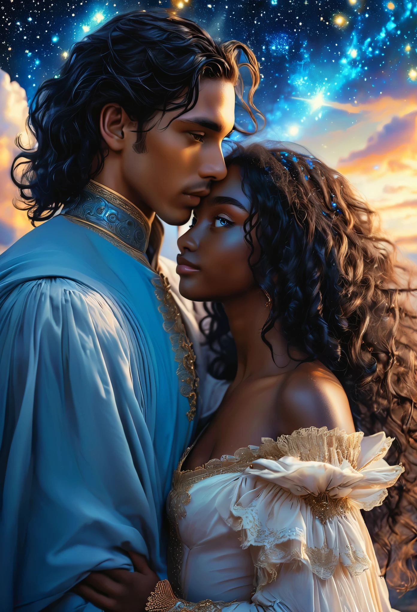 Novel in a celestial landscape, le titre est Another chance, jeune couple (((darkskin))) amoureux de 25 ans qui se fait un calin, dans un bureau, elle est une nymphe céleste noire de peau avec des cheveux noirs courts, he is a young crowned imperial prince with dark skin and long curly hair, il a les yeux bleu, elle a les yeux gris, couple torride, visage très fins, colored eyes, (((beautiful))), visages parfaits, corps entier, Romantic scene, Voie romantique